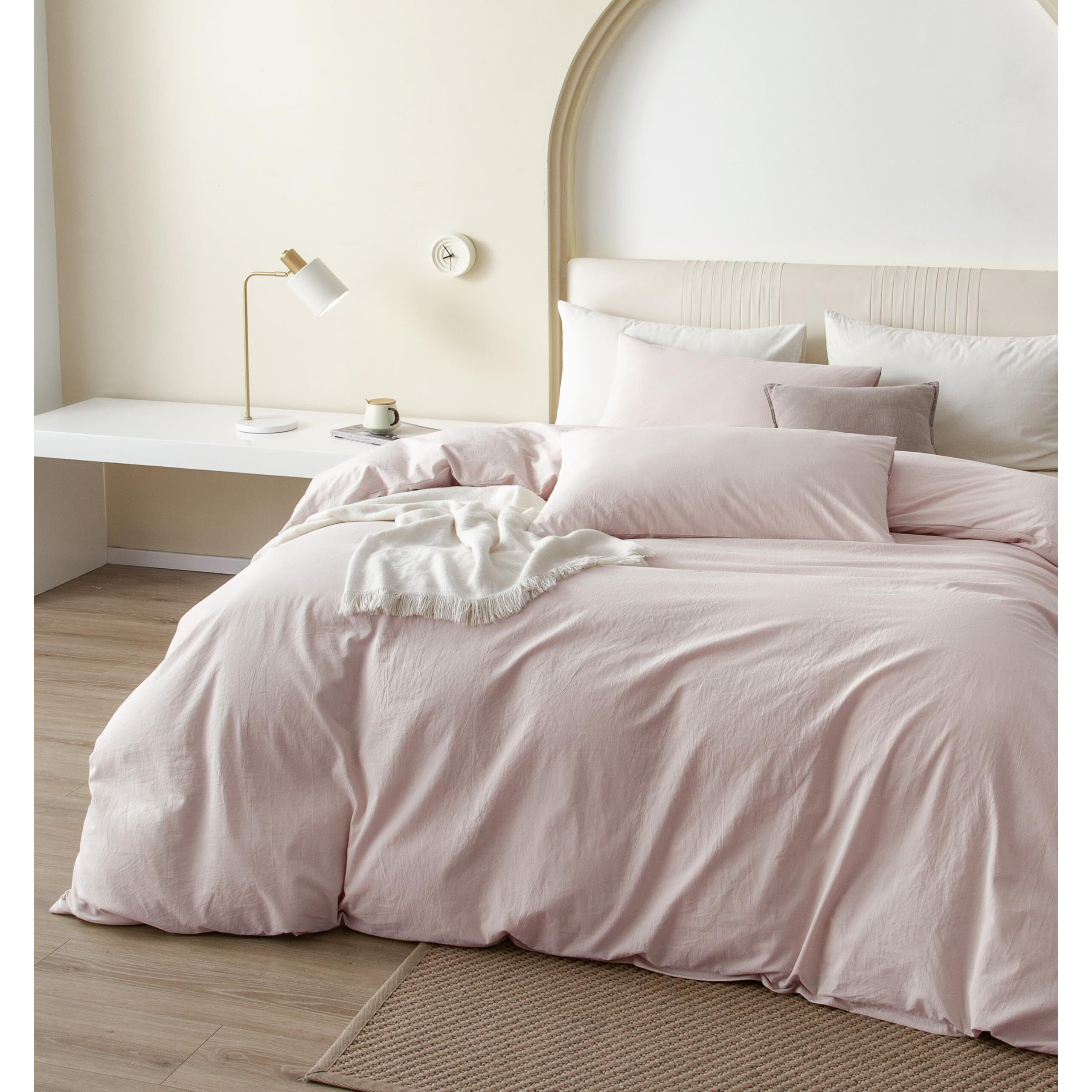 Jiyuan 100% Washed Cotton Duvet Cover Set Comfy Simple Style Soft Breathable Textured Durable Linen Feel Bedding For All Seasons King  Solid Greyish Pink
