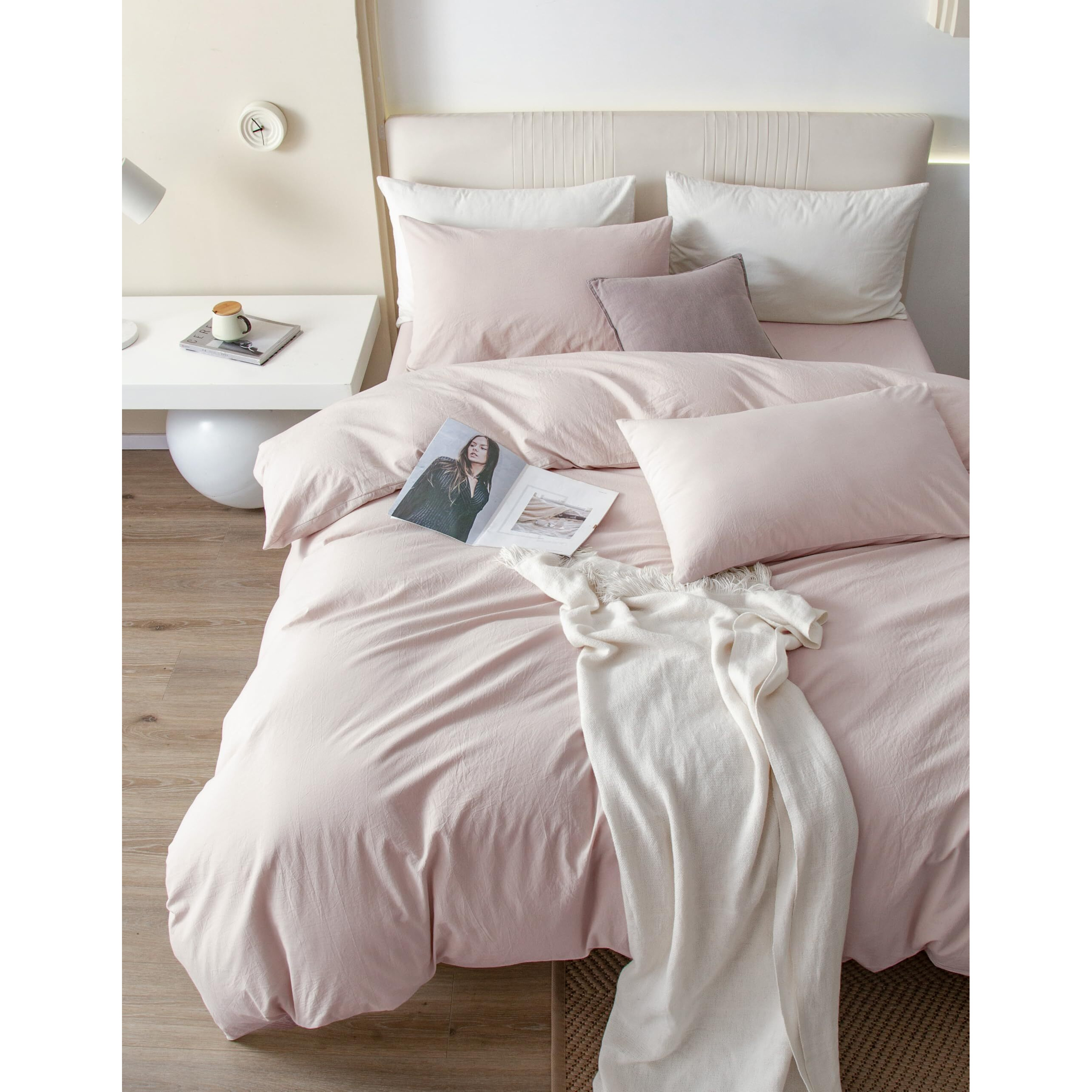 Jiyuan 100% Washed Cotton Duvet Cover Set Comfy Simple Style Soft Breathable Textured Durable Linen Feel Bedding For All Seasons King  Solid Greyish Pink