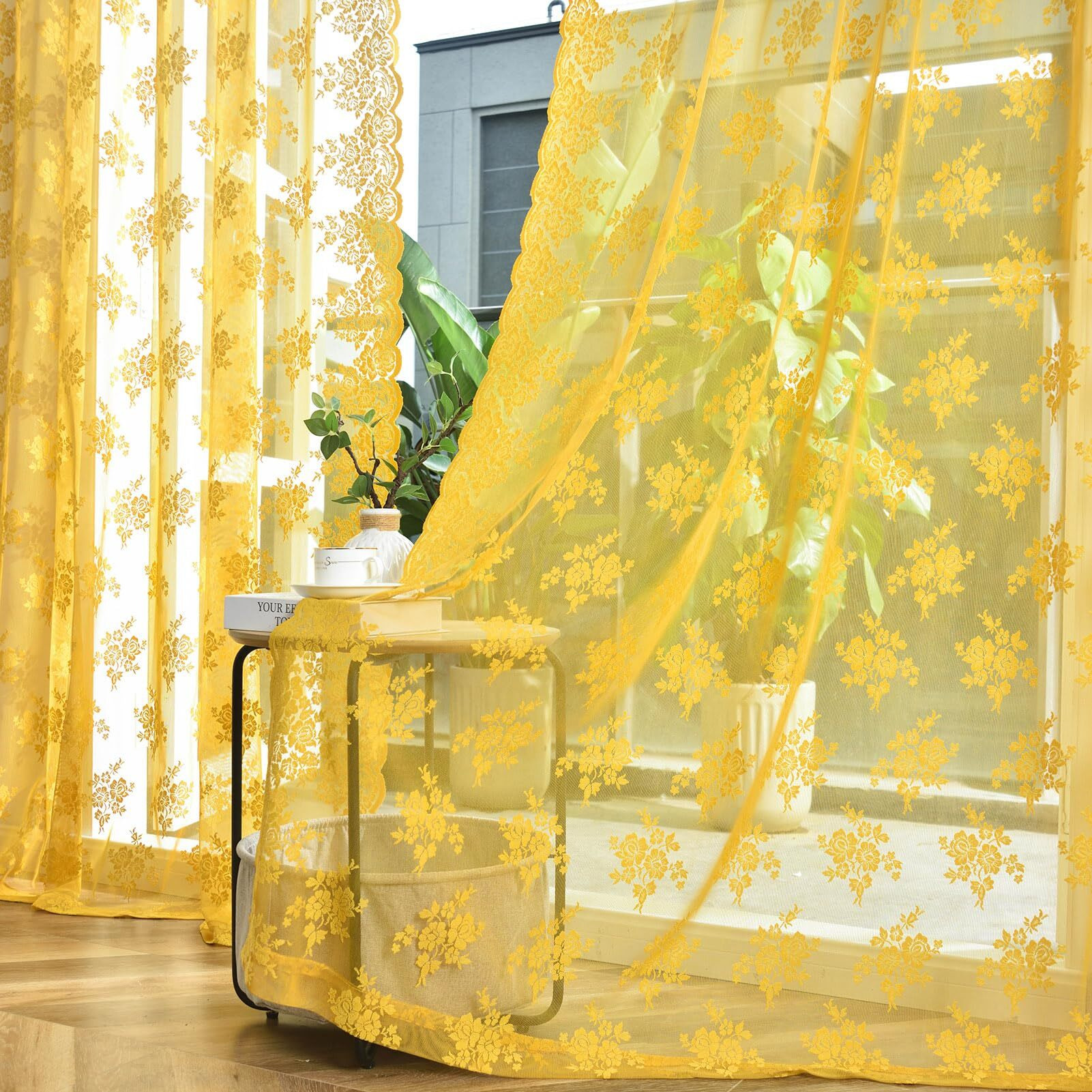 Kotile Gold Lace Curtains 96 Inches Long  2 Panels Country Rustic Floral Mustard Yellow Sheer Curtains For Living Room Bedroom  Rod Pocket Light Filtering Privacy Window Curtain Drapes  52 X 96 Inch