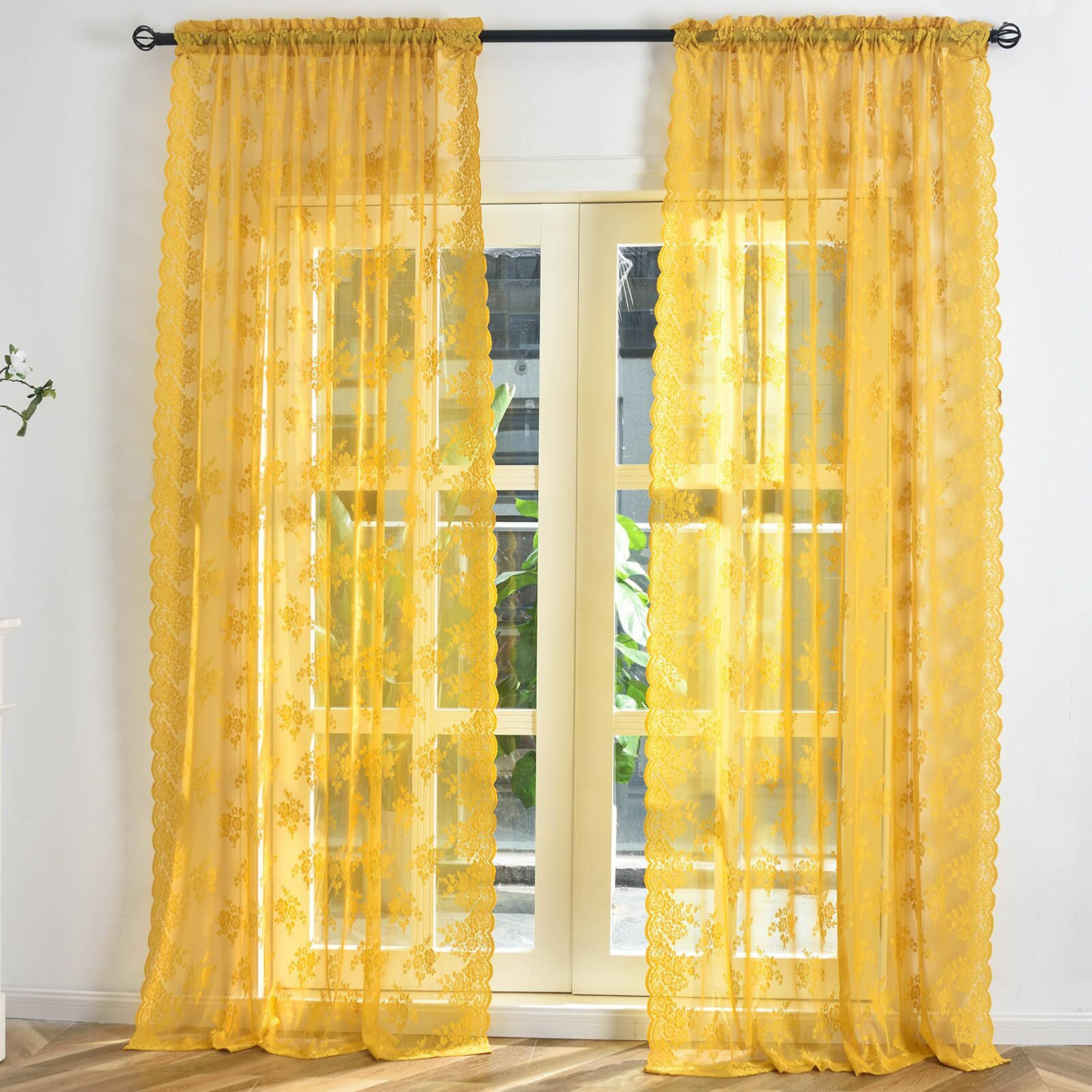 Kotile Gold Lace Curtains 96 Inches Long  2 Panels Country Rustic Floral Mustard Yellow Sheer Curtains For Living Room Bedroom  Rod Pocket Light Filtering Privacy Window Curtain Drapes  52 X 96 Inch
