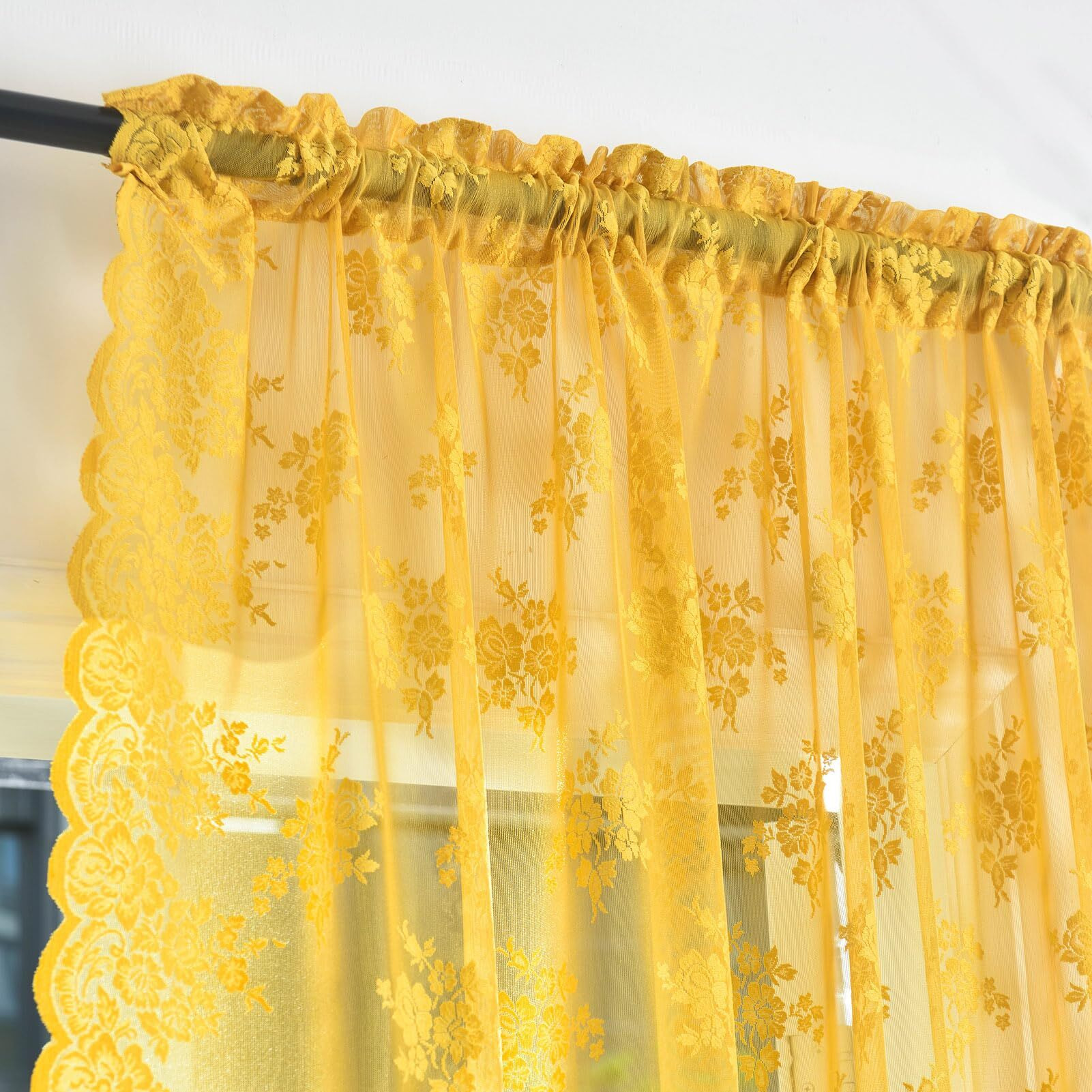 Kotile Gold Lace Curtains 96 Inches Long  2 Panels Country Rustic Floral Mustard Yellow Sheer Curtains For Living Room Bedroom  Rod Pocket Light Filtering Privacy Window Curtain Drapes  52 X 96 Inch