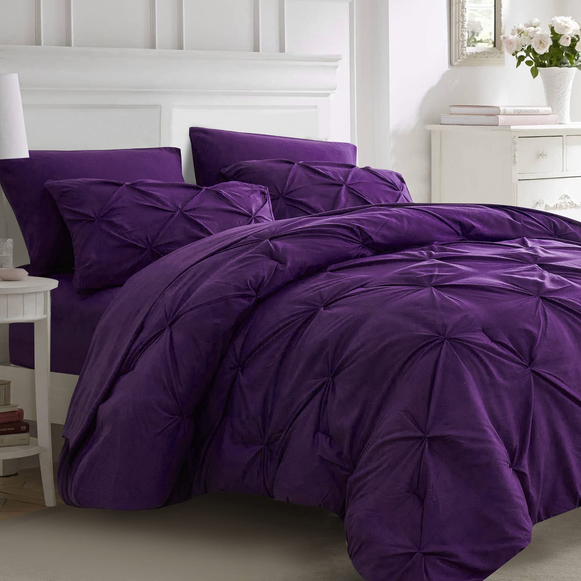 Ubauba 7Pc Purple Comforter Set Queen Size With Sheets  Pintuck 7 Piece Bedding Comforters Bed In A Bag For All Season  Pinched Pleat Bed Set With Comforter (Purple Queen)