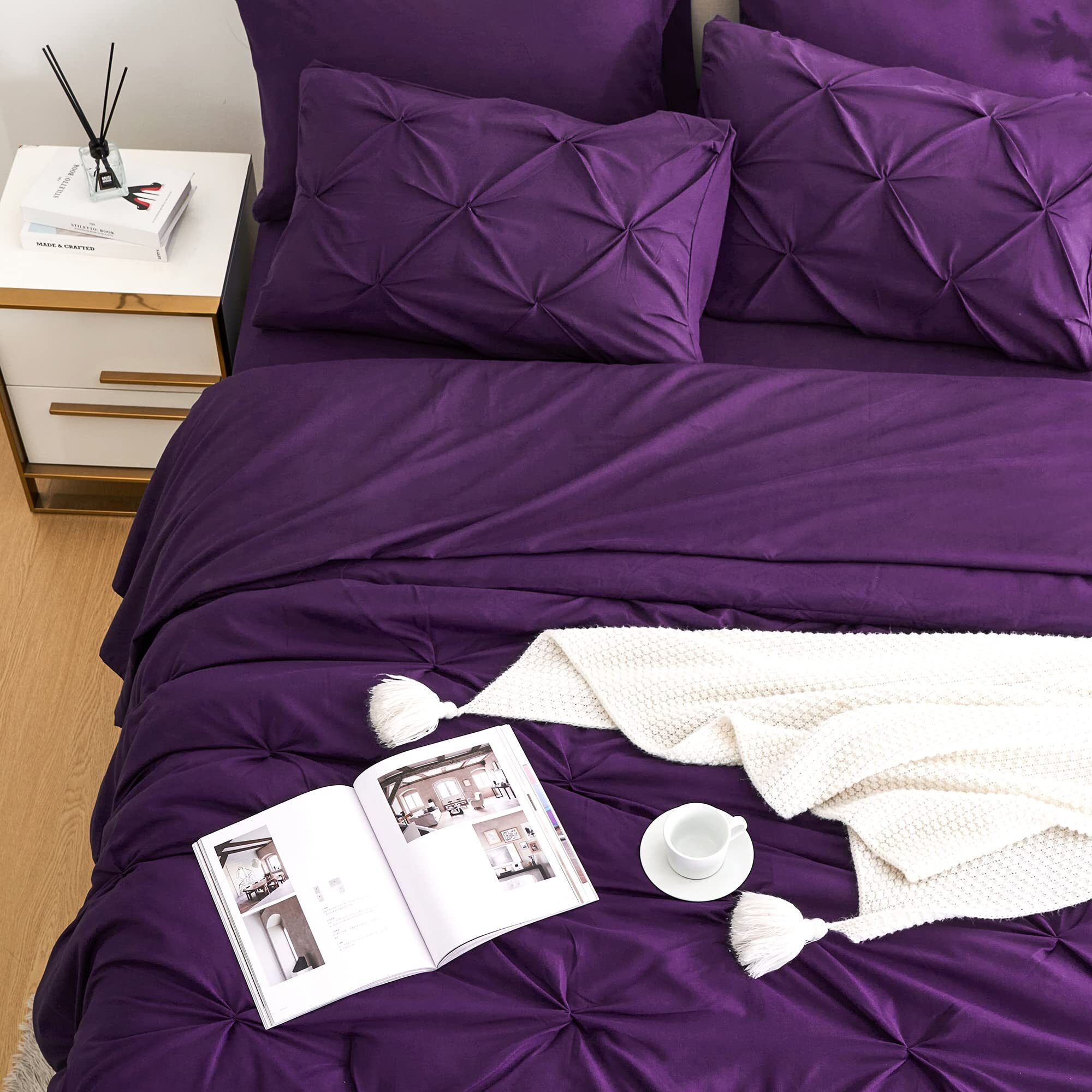 Ubauba 7Pc Purple Comforter Set Queen Size With Sheets  Pintuck 7 Piece Bedding Comforters Bed In A Bag For All Season  Pinched Pleat Bed Set With Comforter (Purple Queen)