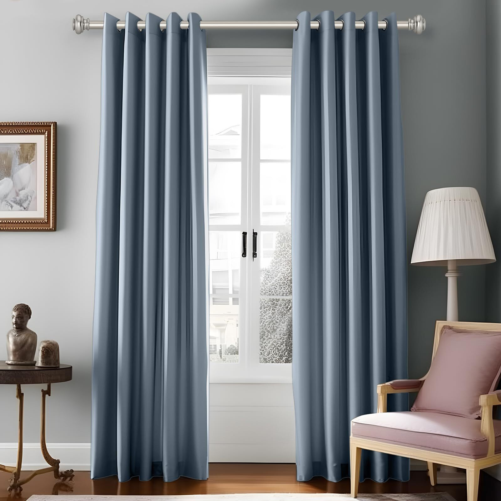 Simewin Heavy Duty Curtain Rods For Windows 72 To 144 Inches  1 Inch Silver Curtain Rods For Bedroom  Living Room  Patio  Kitchen  Adjustable Curtain Rods With Classic Finials  Silver Finishing