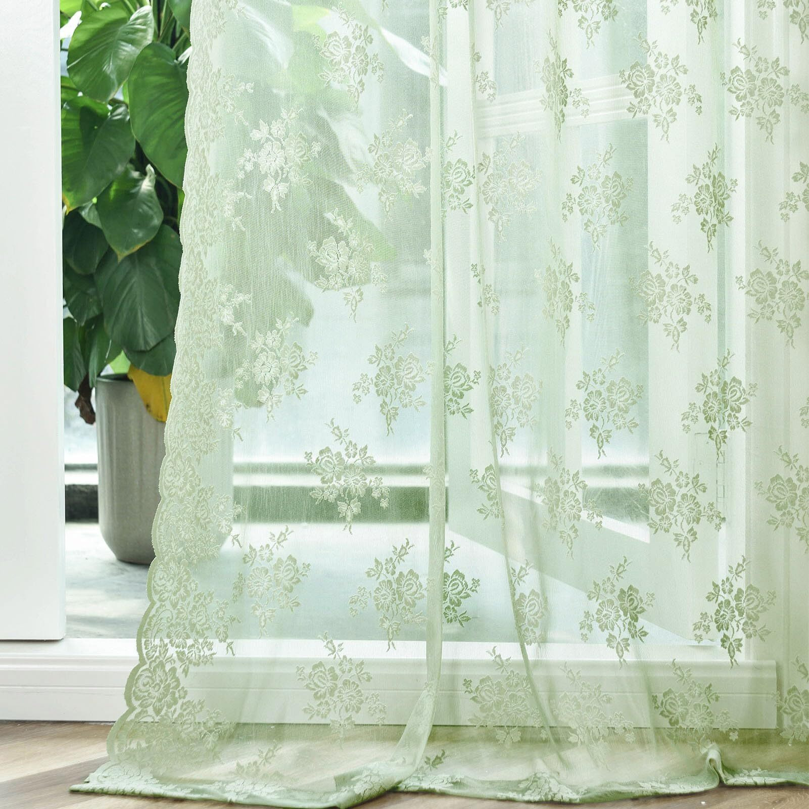 Kotile Sage Green Sheer Curtains 102 Inches Long For Living Room  2 Panels Rustic Floral Patterned Spring Green Lace Curtains For Bedroom  Rod Pocket Privacy Vintage Sheer Window Drapes  52 X 102 Inch