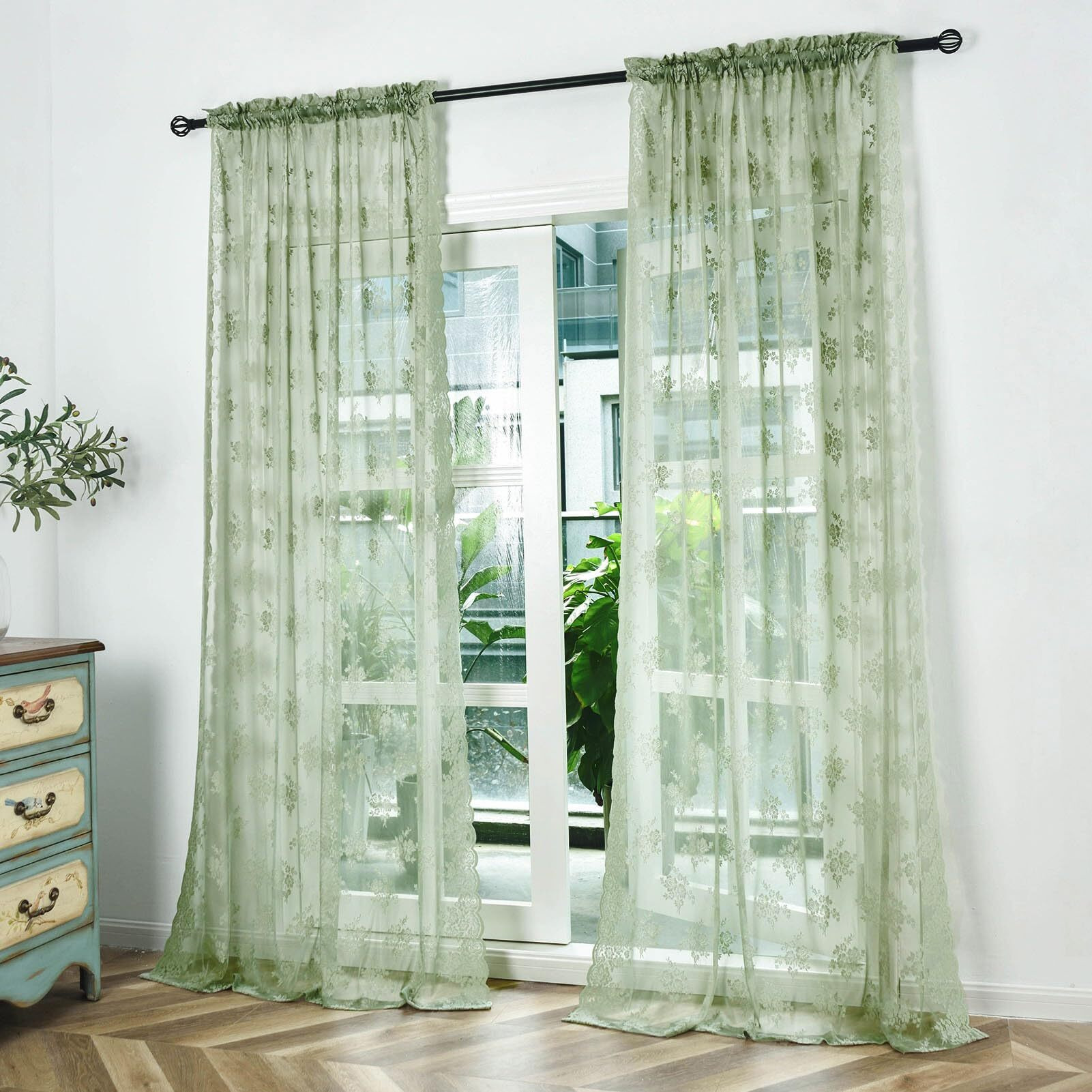 Kotile Sage Green Sheer Curtains 102 Inches Long For Living Room  2 Panels Rustic Floral Patterned Spring Green Lace Curtains For Bedroom  Rod Pocket Privacy Vintage Sheer Window Drapes  52 X 102 Inch