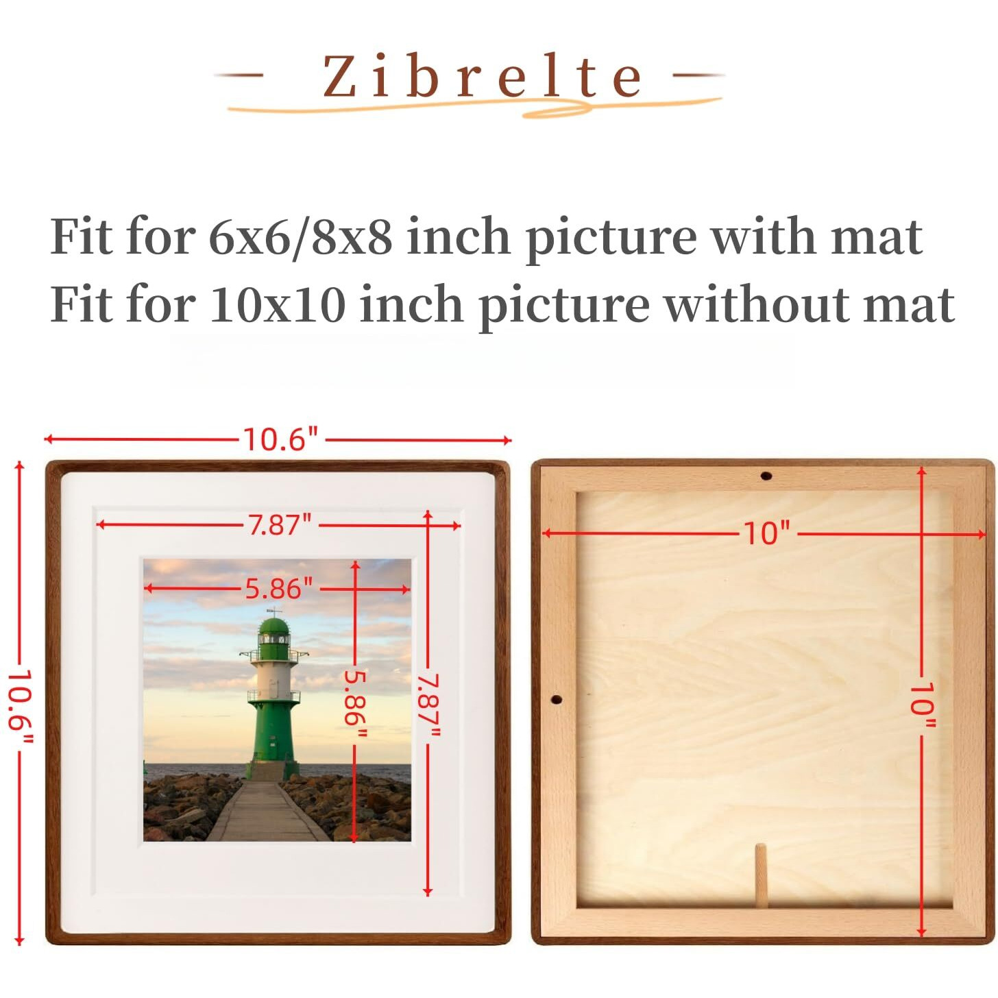 Zibrelte Natural 10X10 Picture Frame Wood With 6X6/8X8 Mat Square Wall Photo Frames 10 By 10 Made Of Solid Walnut Wood For Tabletop Gallery Wall Hanging