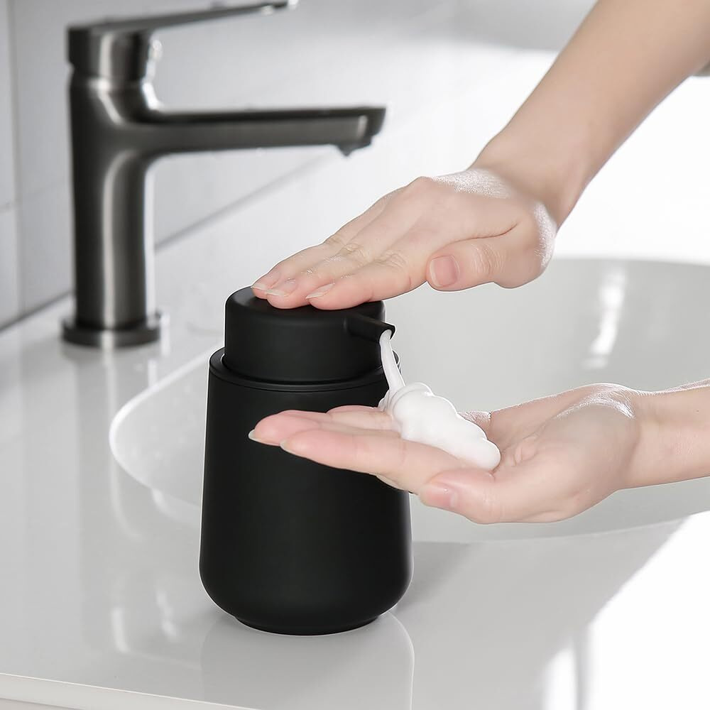 Yaukph Matte White Foaming Hand Soap Dispenser Plastic 11 Oz - Modern Minimalist Style For Bathroom & Kitchen Countertop Refillable