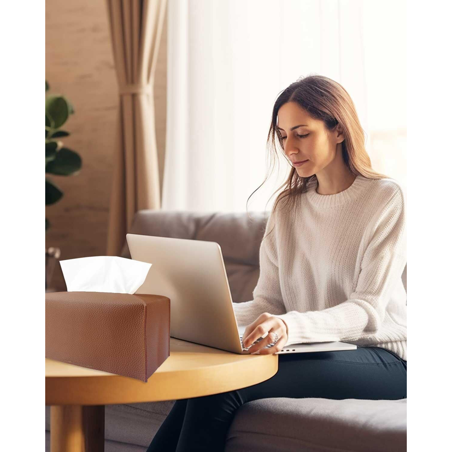 Rectangle Tissue Box Cover Brown - Normal Size Leather Rectangular Tissue Box Cover [Jesmini] Faux Leather Tissue Box Holder Long For Normal Rectangular Facial Tissue Box