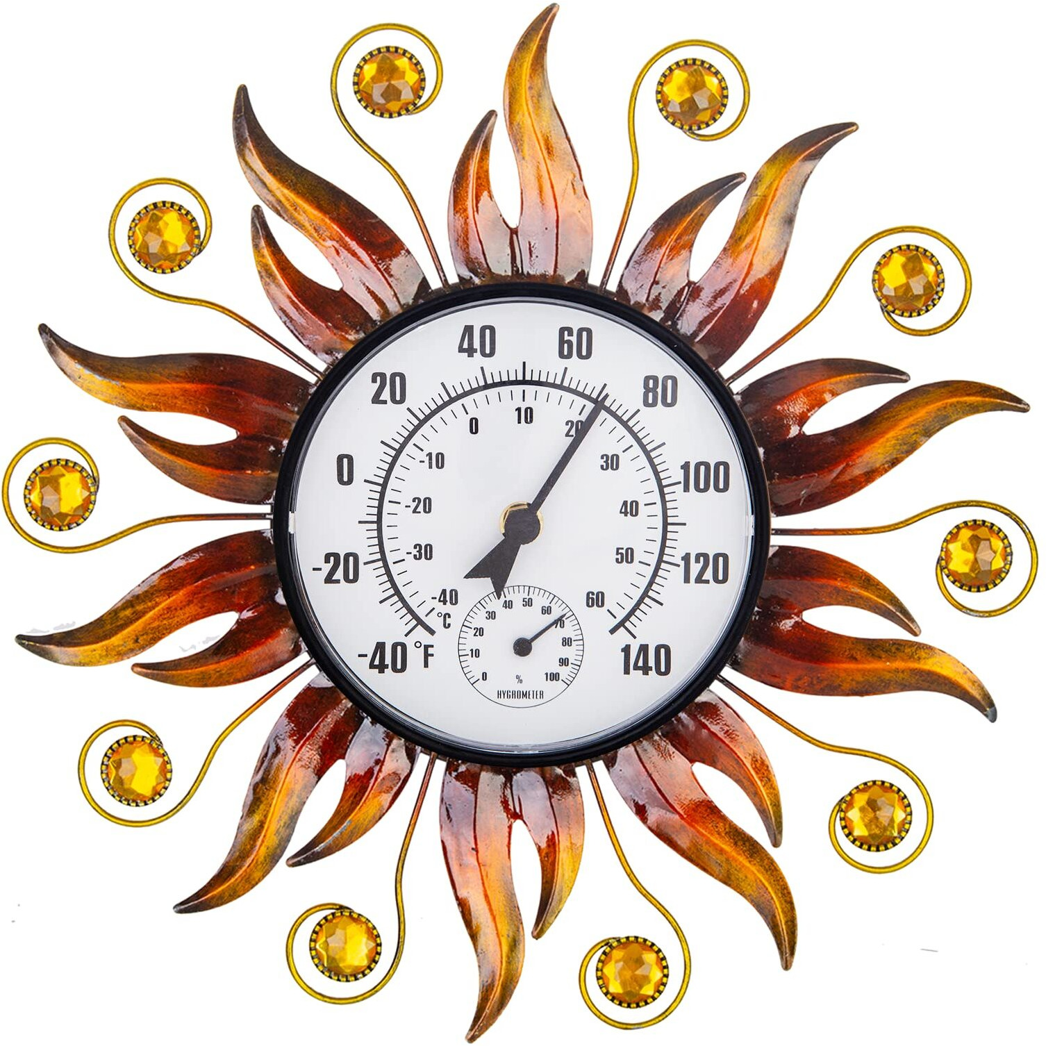 Hobyluby 13"" Indoor Outdoor Thermometer  Sun Wall-Mounted Thermometer With Humidity  Easy To Read Decorative Outside Thermometer For Patio  Garden  No Require Batteries