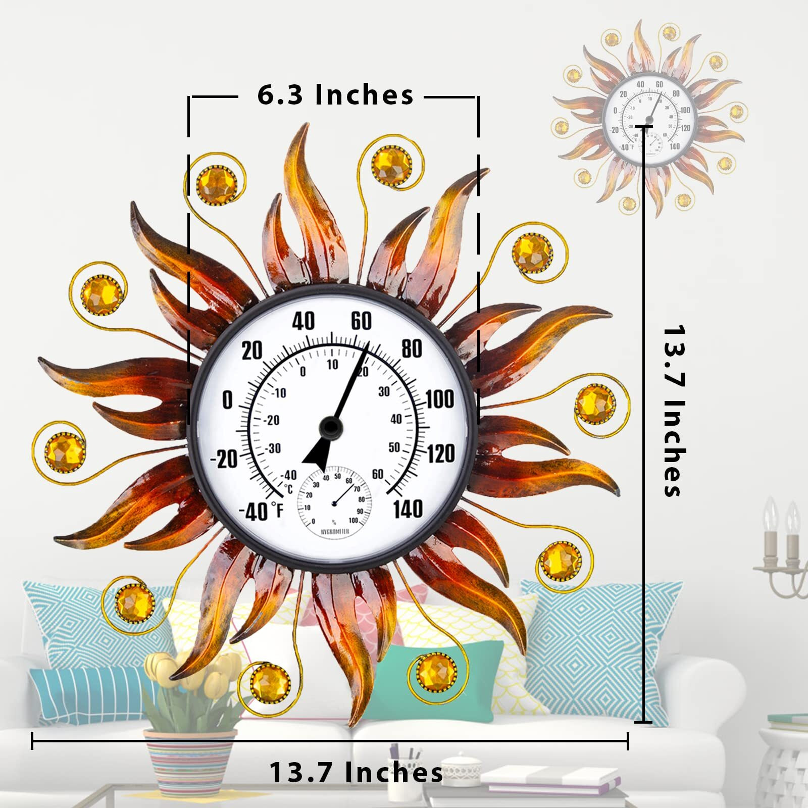 Hobyluby 13"" Indoor Outdoor Thermometer  Sun Wall-Mounted Thermometer With Humidity  Easy To Read Decorative Outside Thermometer For Patio  Garden  No Require Batteries