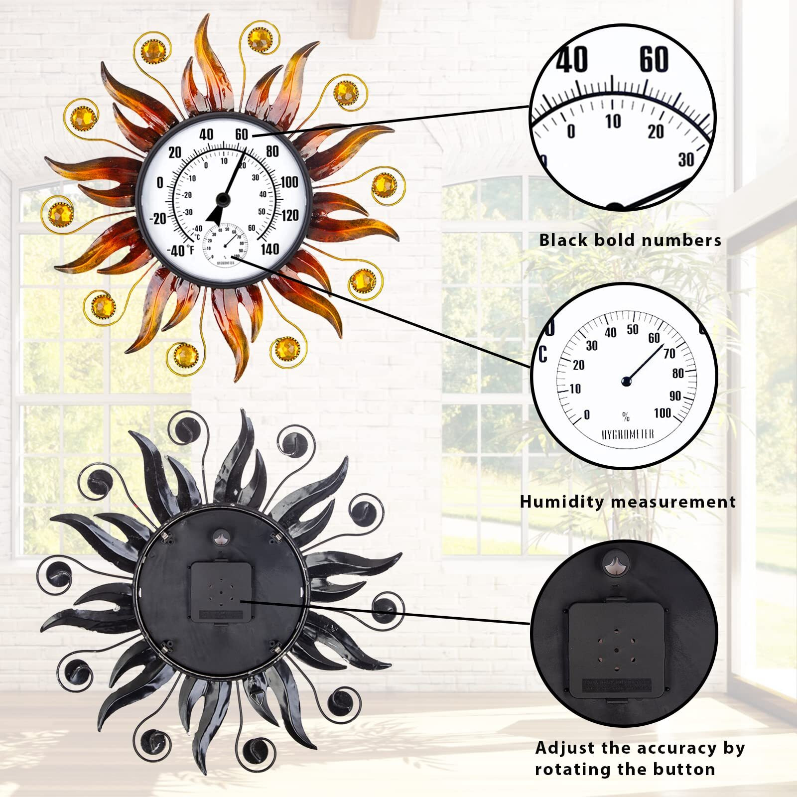 Hobyluby 13"" Indoor Outdoor Thermometer  Sun Wall-Mounted Thermometer With Humidity  Easy To Read Decorative Outside Thermometer For Patio  Garden  No Require Batteries