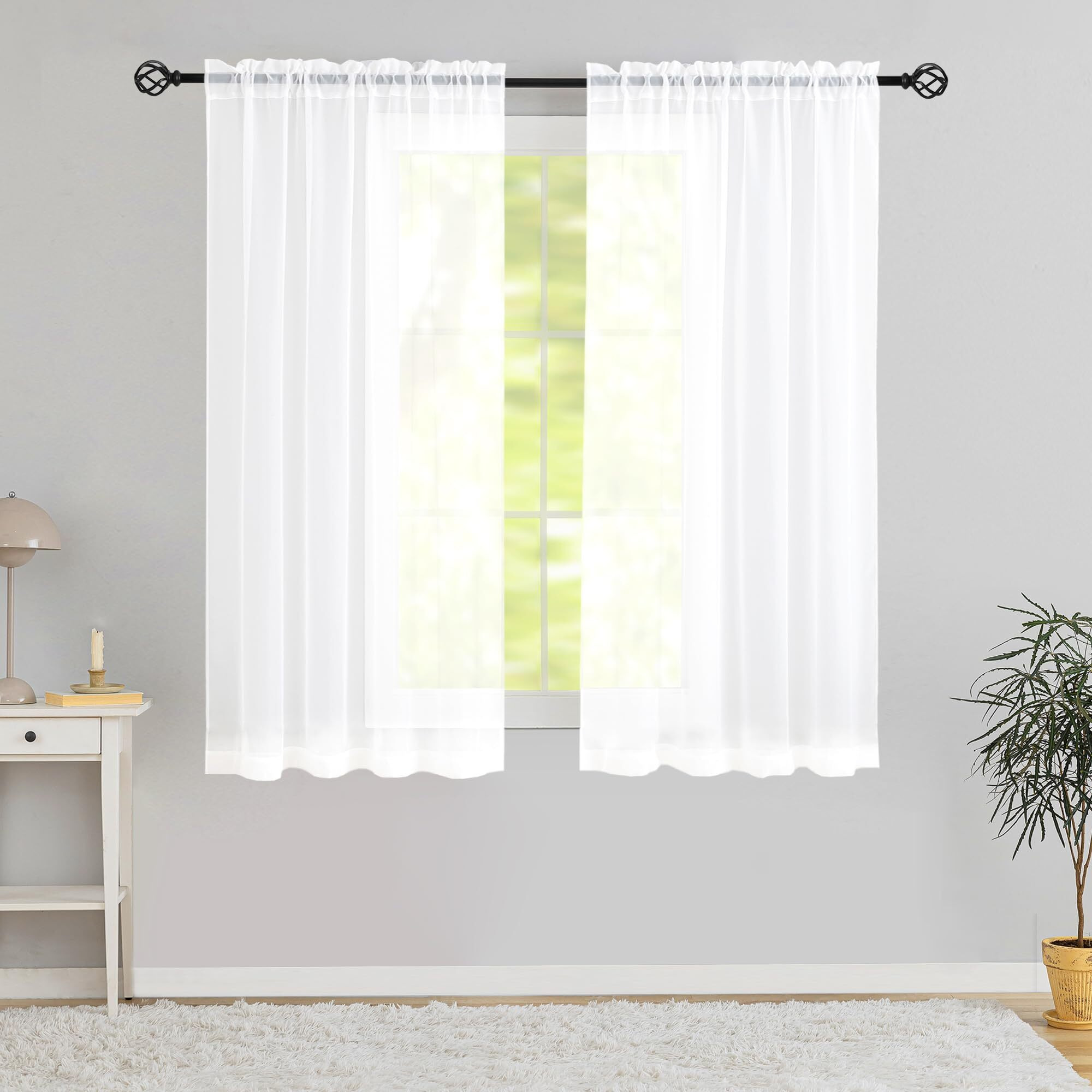 Karseteli Semi Voile White Sheer Small Curtains 45 Inches Long 2 Panels Rod Pocket Window Treatment For Living Room Bedroom Dining Room(White 42"" W X 45"" L)