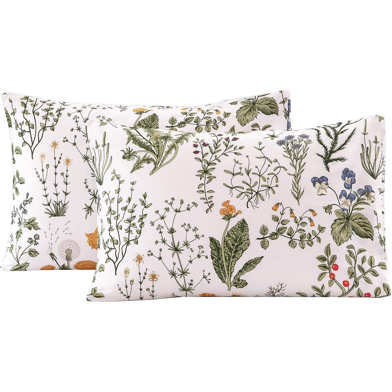 Ecocott 2 Pack Pillowcase Queen Size With Green Botanical Floral Leaves Pillow Cases Set  100% Cotton Queen Pillow Covers Envelope Closure (Queen  20"&quotX30"")