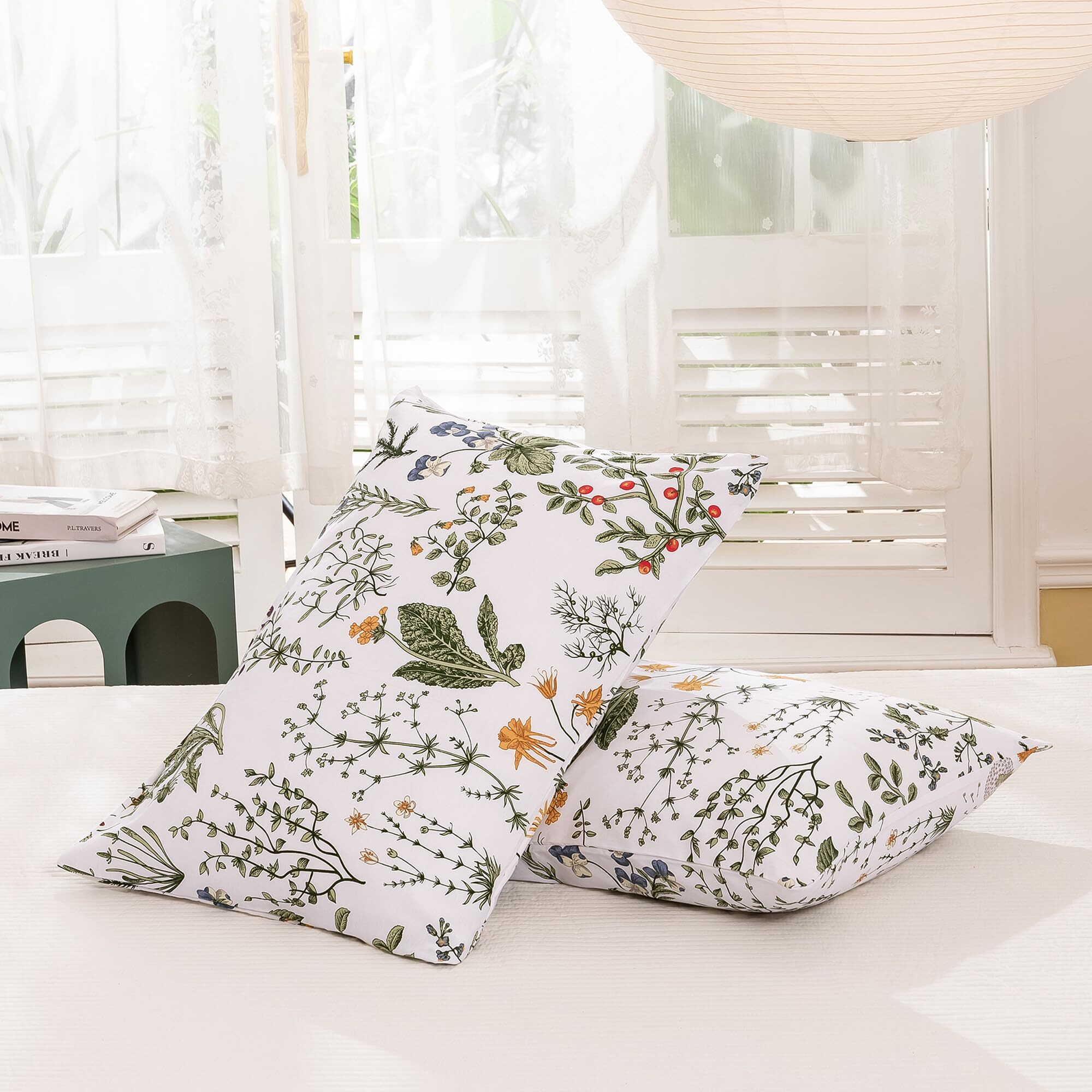 Ecocott 2 Pack Pillowcase Queen Size With Green Botanical Floral Leaves Pillow Cases Set  100% Cotton Queen Pillow Covers Envelope Closure (Queen  20"&quotX30"")
