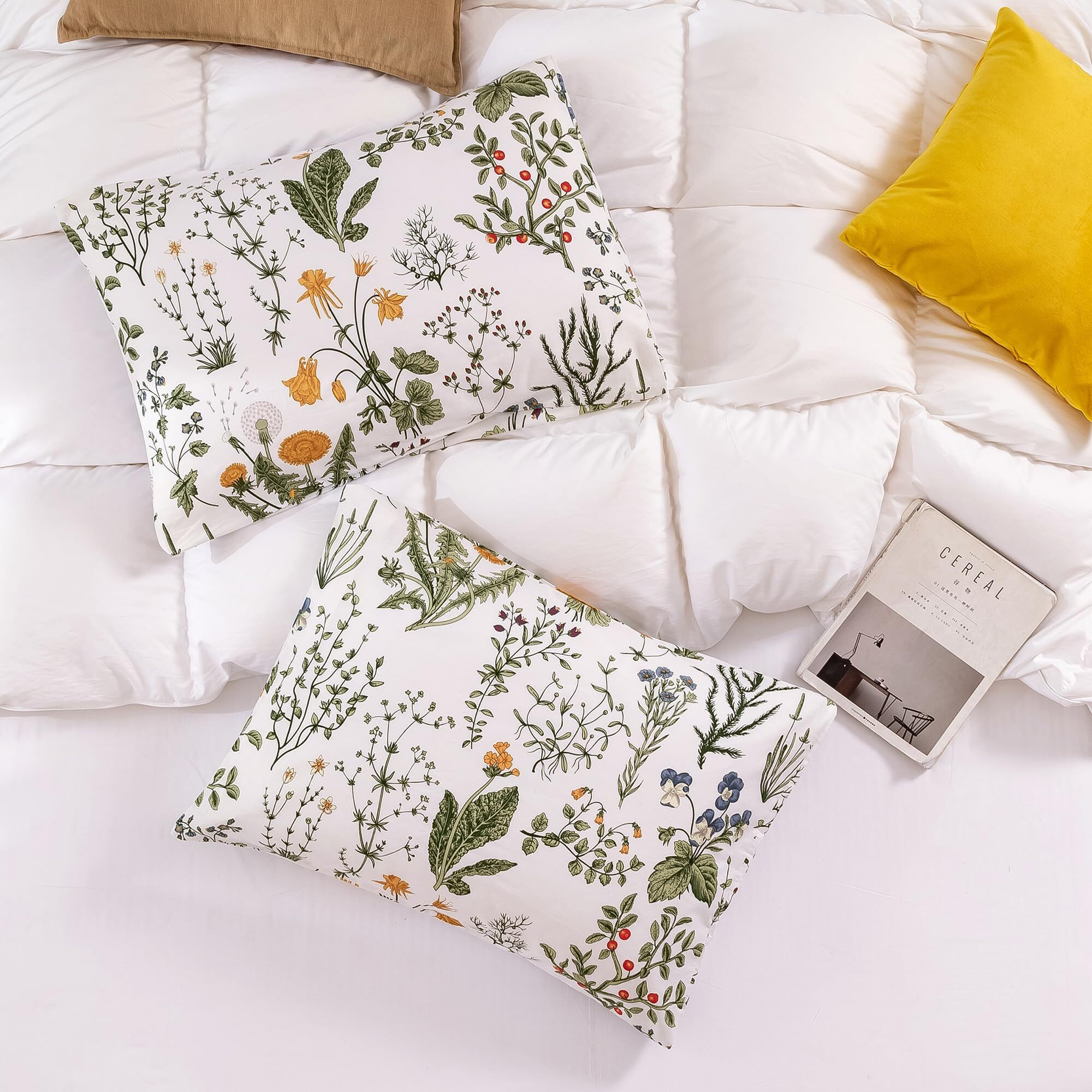 Ecocott 2 Pack Pillowcase Queen Size With Green Botanical Floral Leaves Pillow Cases Set  100% Cotton Queen Pillow Covers Envelope Closure (Queen  20"&quotX30"")