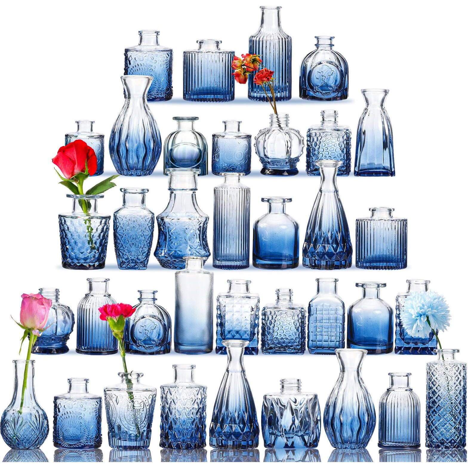 Fixwal 36 Blue Bud Vases Glass Bud Vase Set  Small Vases For Flowers  Bud Vases For Centerpieces Mini Flower Vases In Bulk For Rustic Wedding Decorations Vintage Look Home Table Decor (Blue)