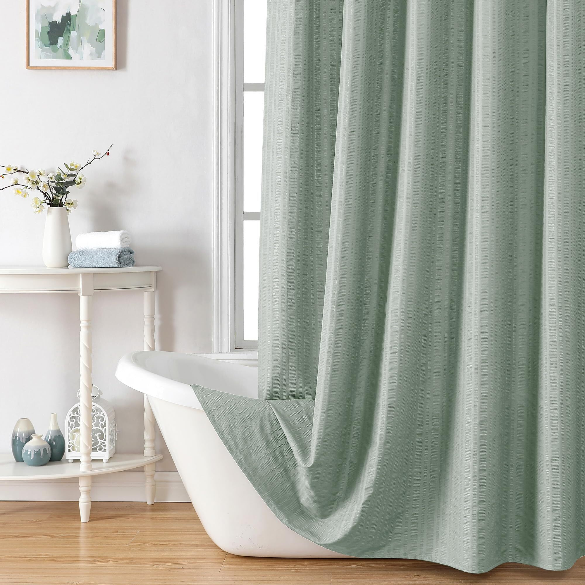 Aiyufeng Moga Sage Green Shower Curtain - 3D Embossed Cloth Shower Curtain For Bathroom  Hotel Luxury Green Bathroom Curtains  Machine Washable  Standard Size 72Wx78H