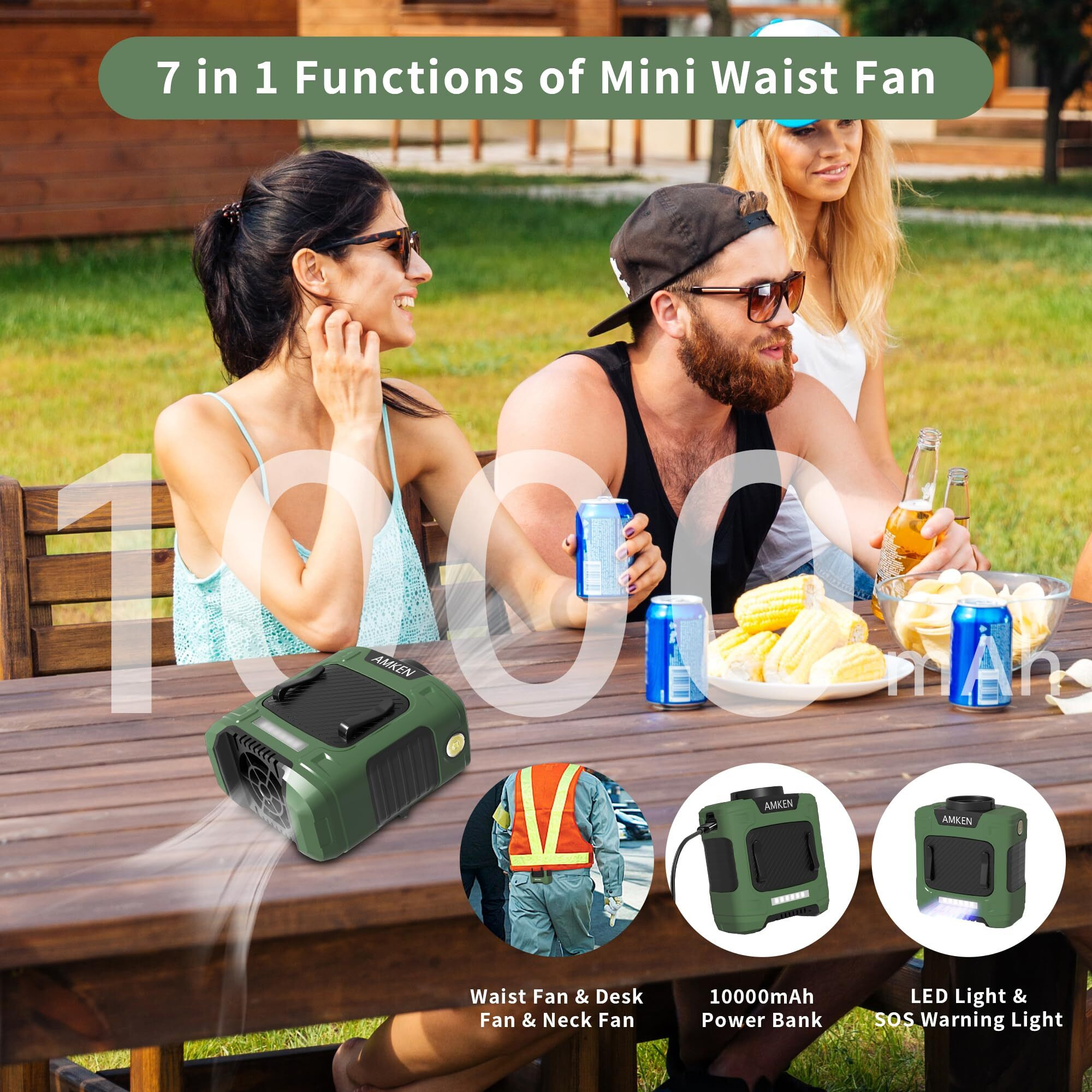 Amken Waist Fan - Belt Fan  Portable Clip Fan With 10000Mah Battery  24-Hour Working Time  Led Sos Light - 3 Speeds  15500Rpm Strong Airflow - Neck Fan For Jobsite  Farming  Fishing