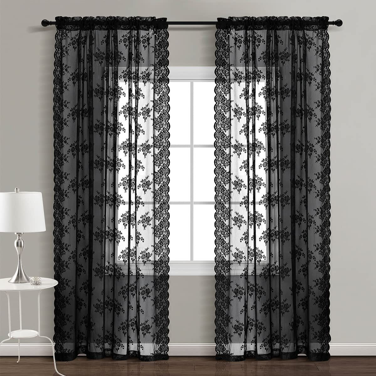 Kotile Extra Long Black Lace Curtains 120 Inches Long  2 Panels Country Floral Retro Goth Black Sheer Curtains For Living Room Rod Pocket Light Filtering Privacy Window Curtain Drapes  52 X 120 Inch