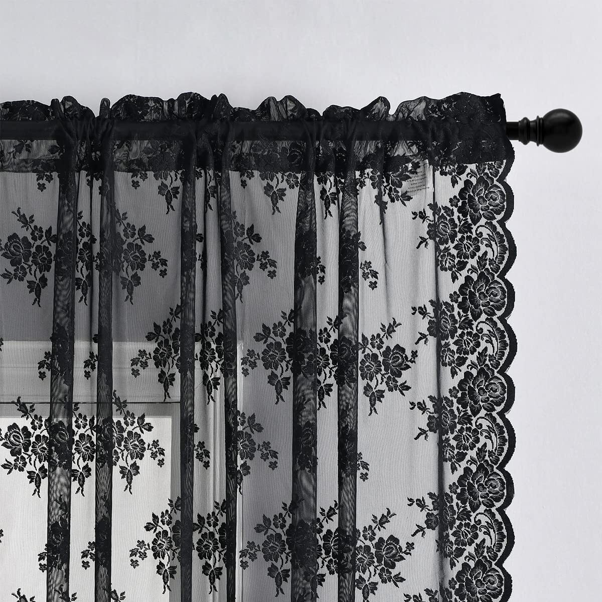 Kotile Extra Long Black Lace Curtains 120 Inches Long  2 Panels Country Floral Retro Goth Black Sheer Curtains For Living Room Rod Pocket Light Filtering Privacy Window Curtain Drapes  52 X 120 Inch