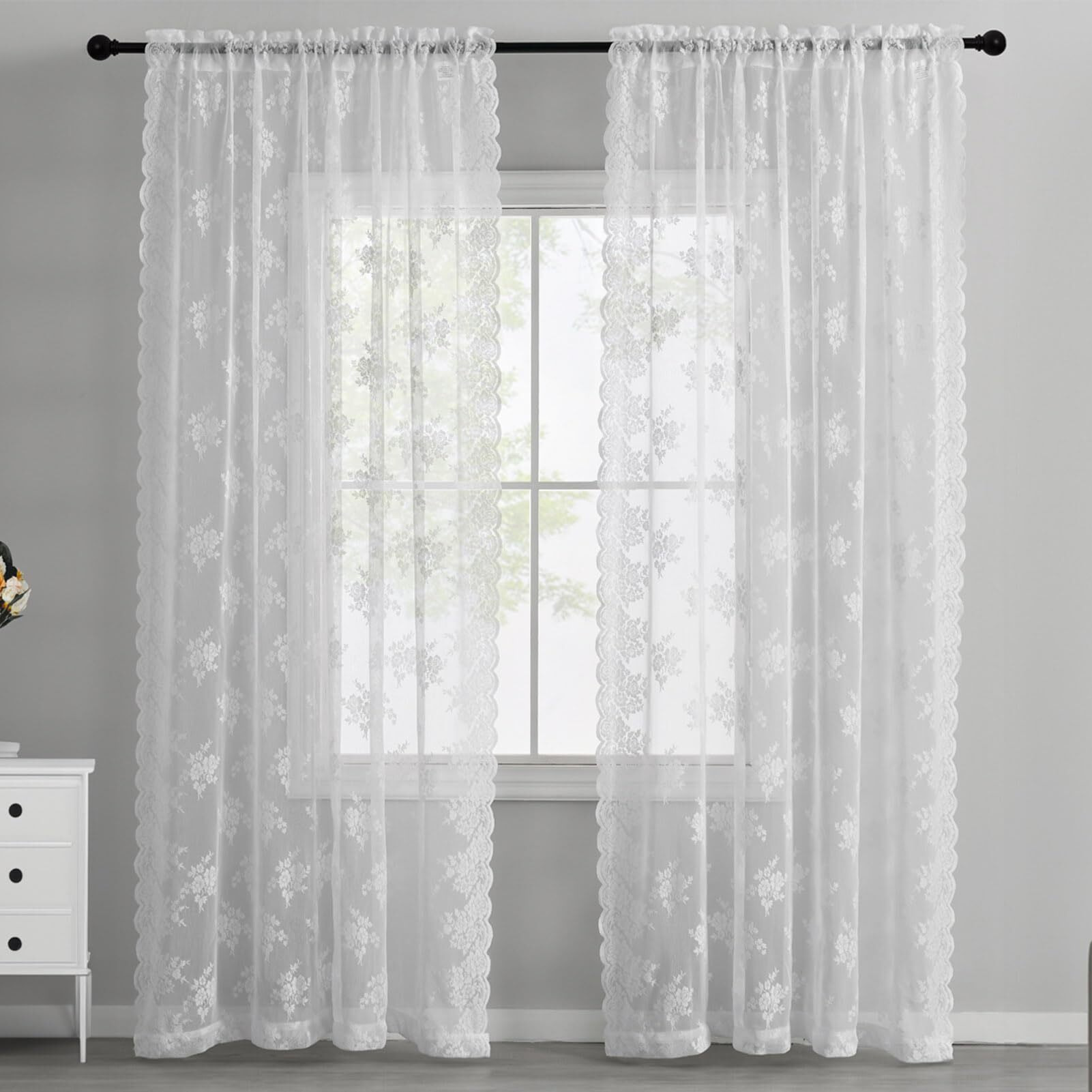 Kotile White Lace Curtains 102 Inches Long For Living Room  2 Panels Country Rustic Floral Vintage Sheer Lace Curtains For Bedroom  Rod Pocket Privacy Light Filtering Sheer Curtains  52 X 102 Inch