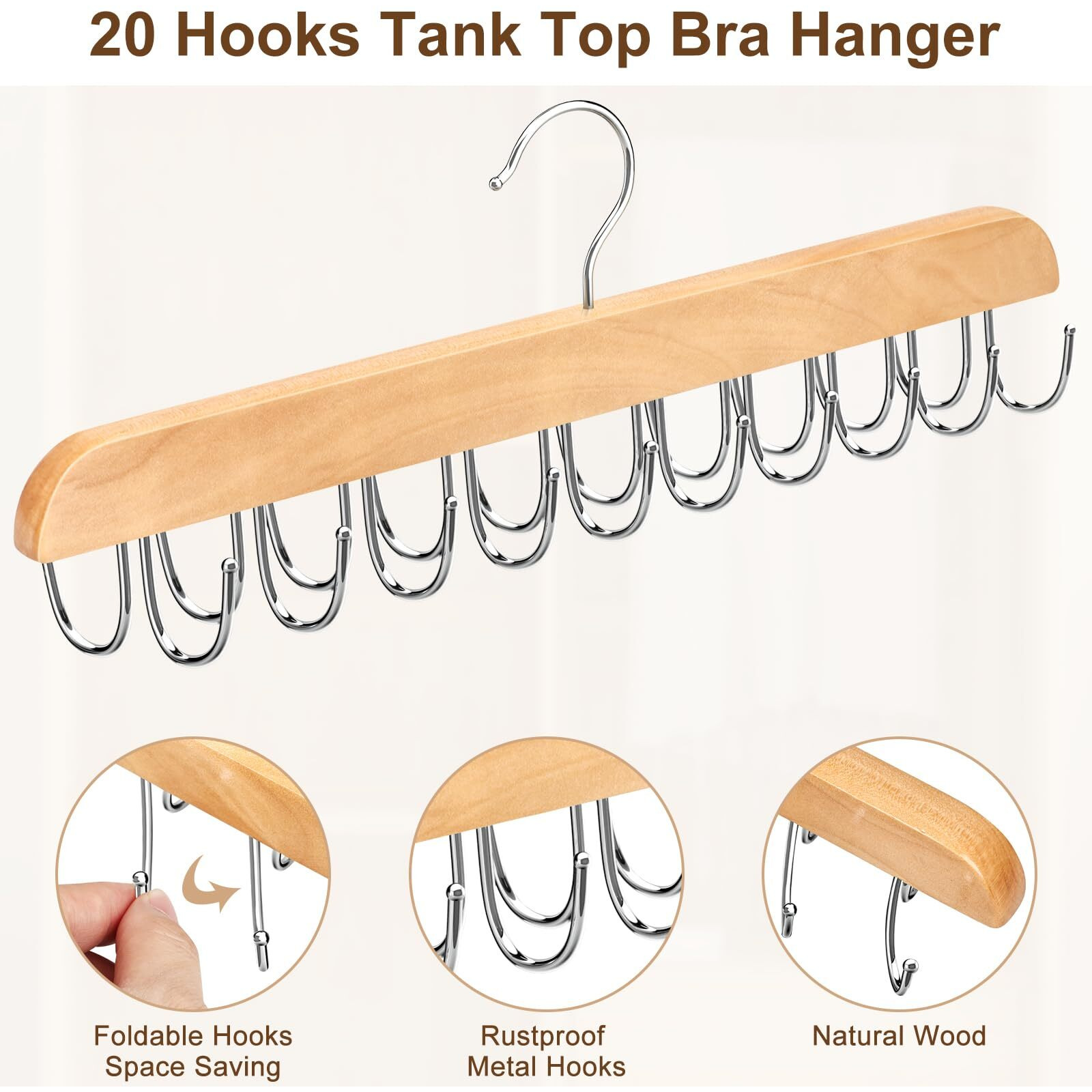 Resovo Bra Hanger For Closet  Tank Top Hanger 20 Hooks Capacity Foldable Wood Space Saving Hanger Closet Organizers And Storage For Dorm & Apartment For Tank Top  Bra  Scarf Etc.