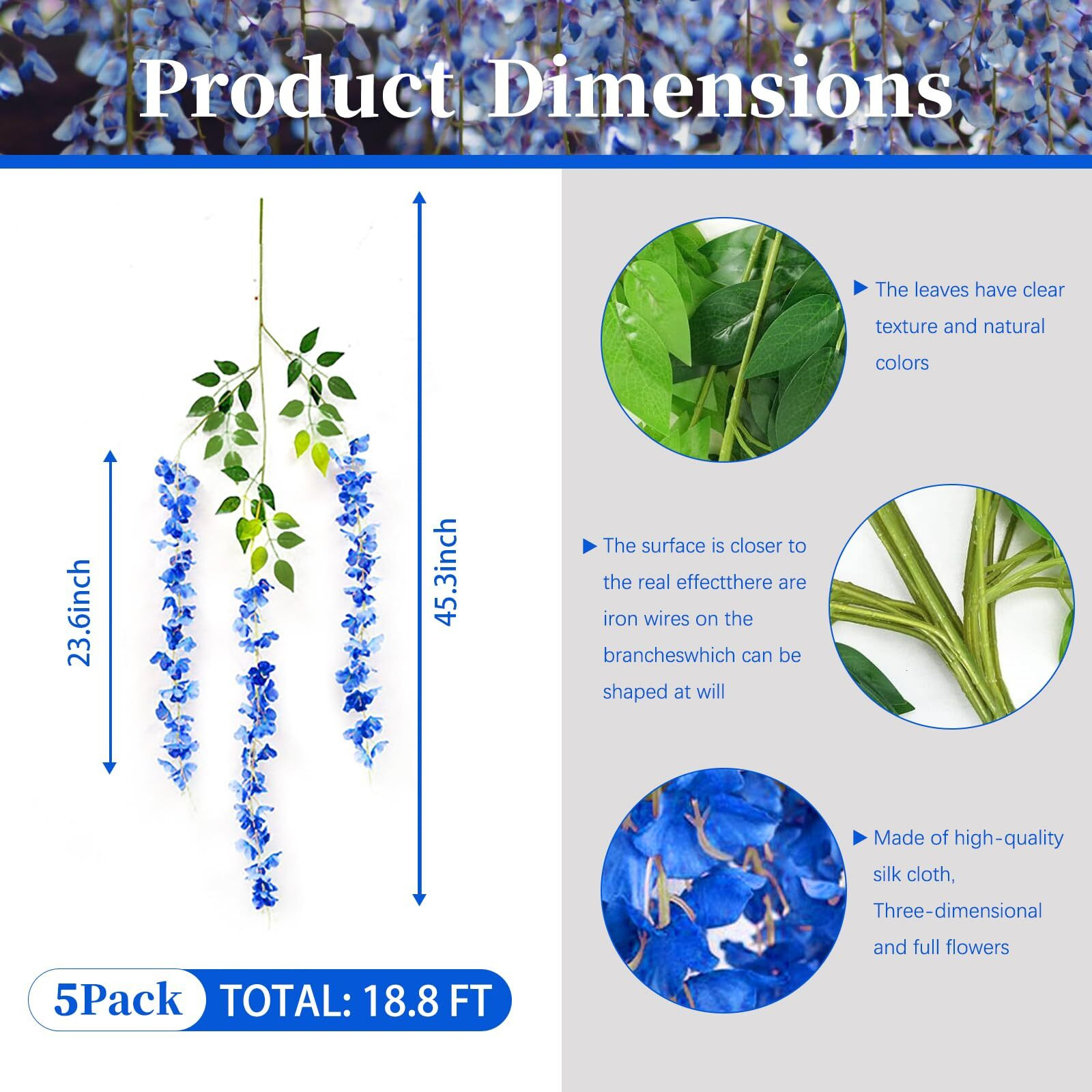 5 Pack Royal Blue Wisteria Hanging Flowers  Royal Blue 3.77 Ft Fake Hanging Flowers  Royal Blue Artificial Wisteria Garland  Royal Blue Wisteria Flower Vines  Wisteria Flowers Decor  Wisteria Backdrop