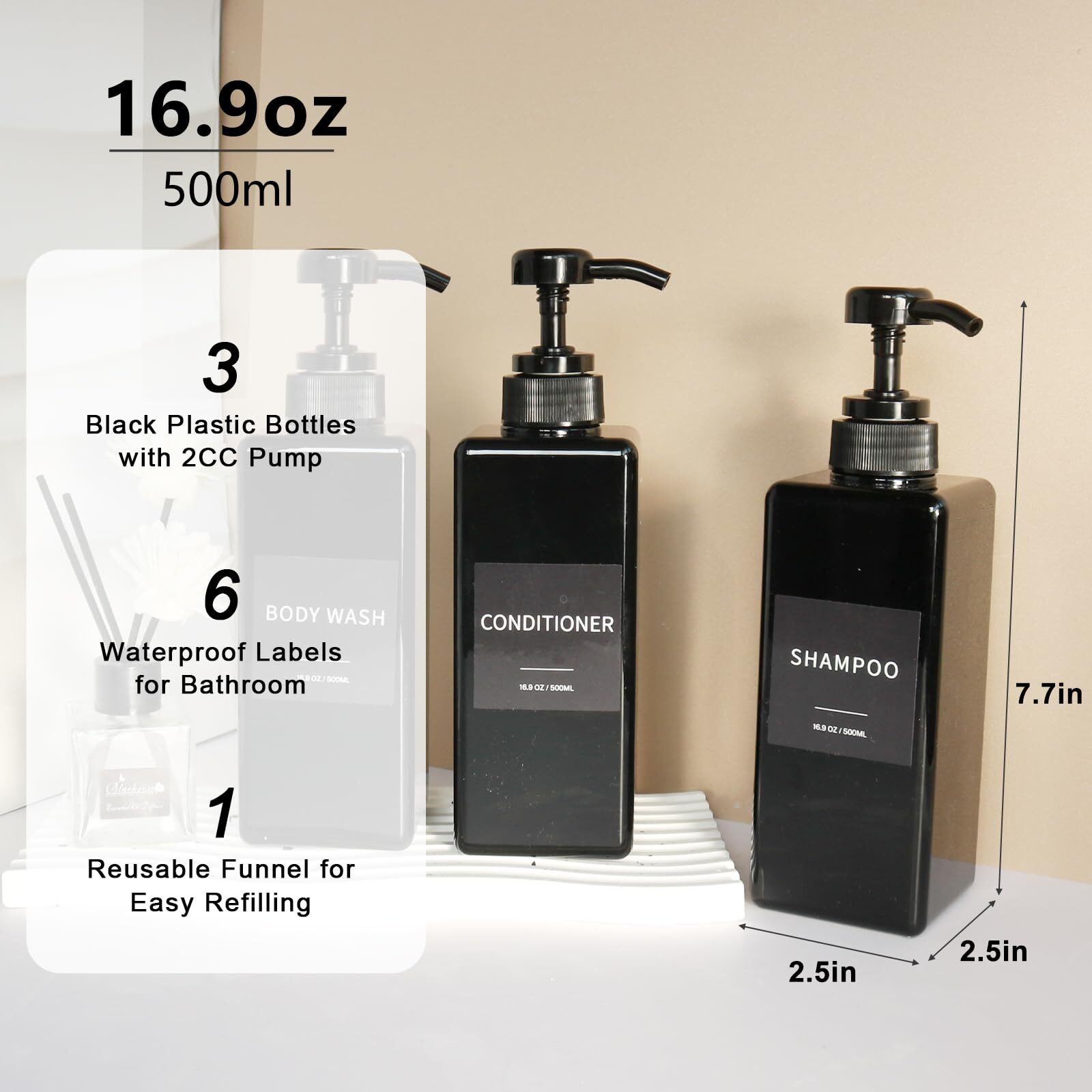 Shampoo And Conditioner Dispenser  Refillable Plastic Shampoo Pump Bottles With Waterproof Labels  Empty Body Wash Dispenser Set For Bathroom  Shower Soap Dispenser (Black  Set Of 3  16.9Oz)