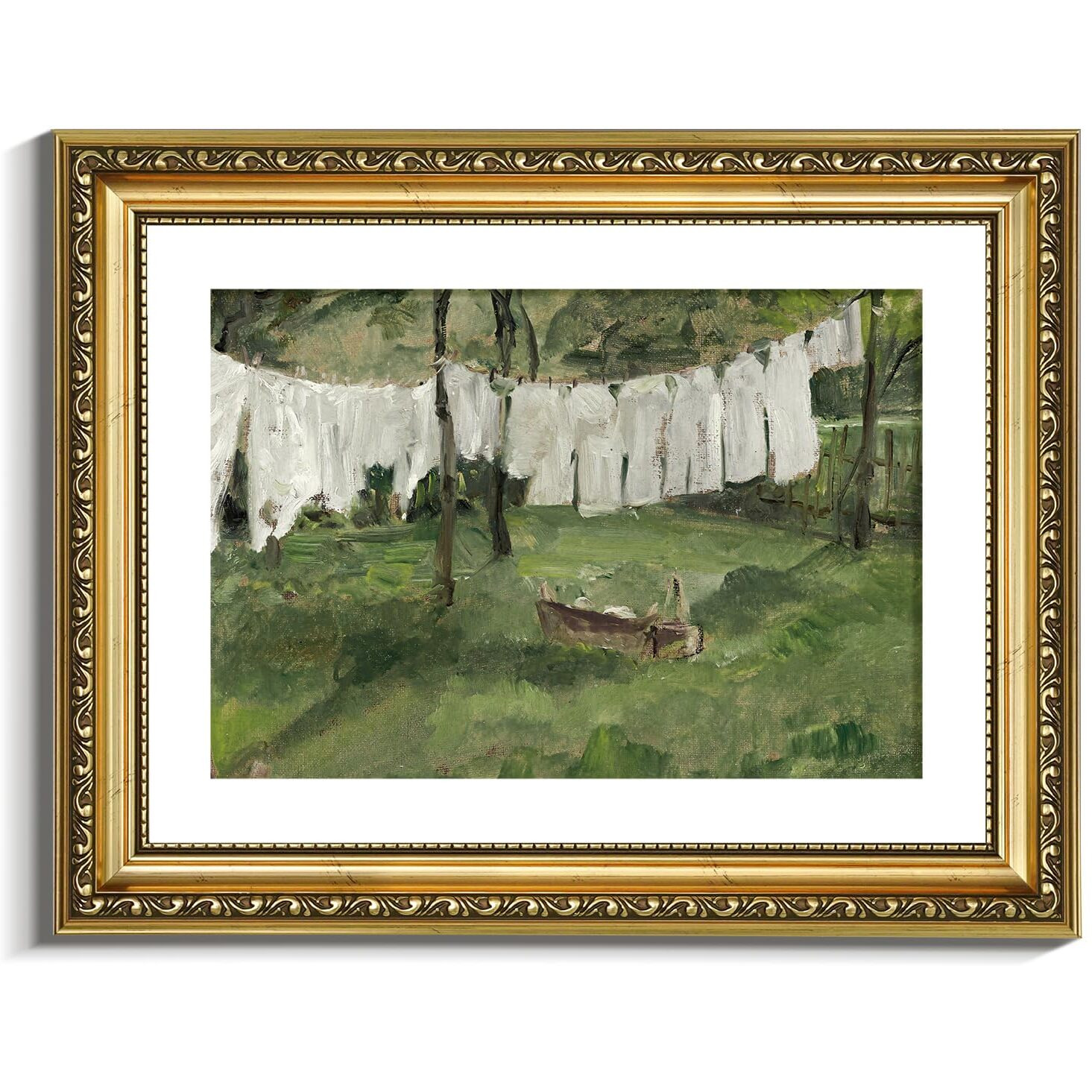 Viyyiea Gold Framed Wall Art Canvas Print Home Decor Vintage Laundry Room Art Prints Antique Country Oil Painting Green Landscape Wall Decor Bathroom Art Wall Pictures For Living Room Bedroom 11X14In