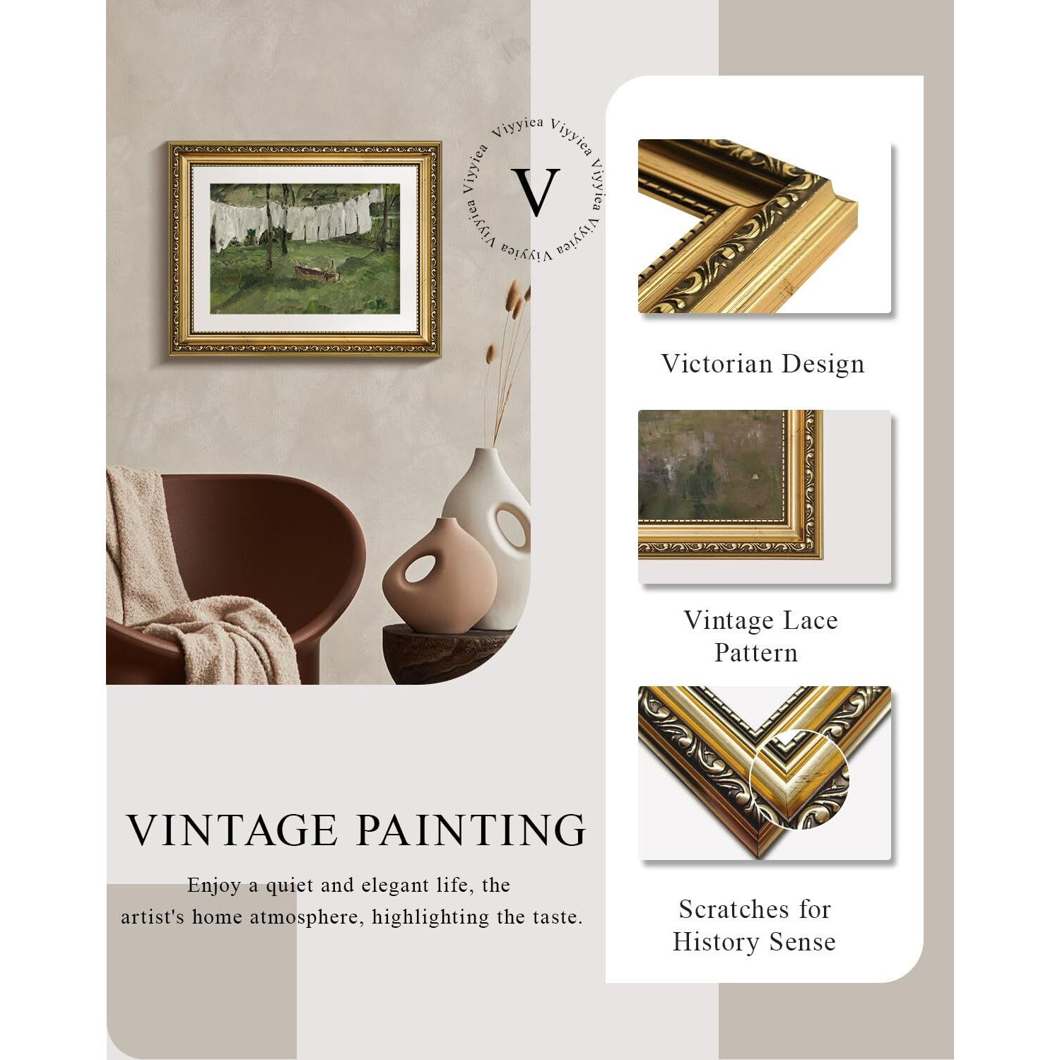 Viyyiea Gold Framed Wall Art Canvas Print Home Decor Vintage Laundry Room Art Prints Antique Country Oil Painting Green Landscape Wall Decor Bathroom Art Wall Pictures For Living Room Bedroom 11X14In