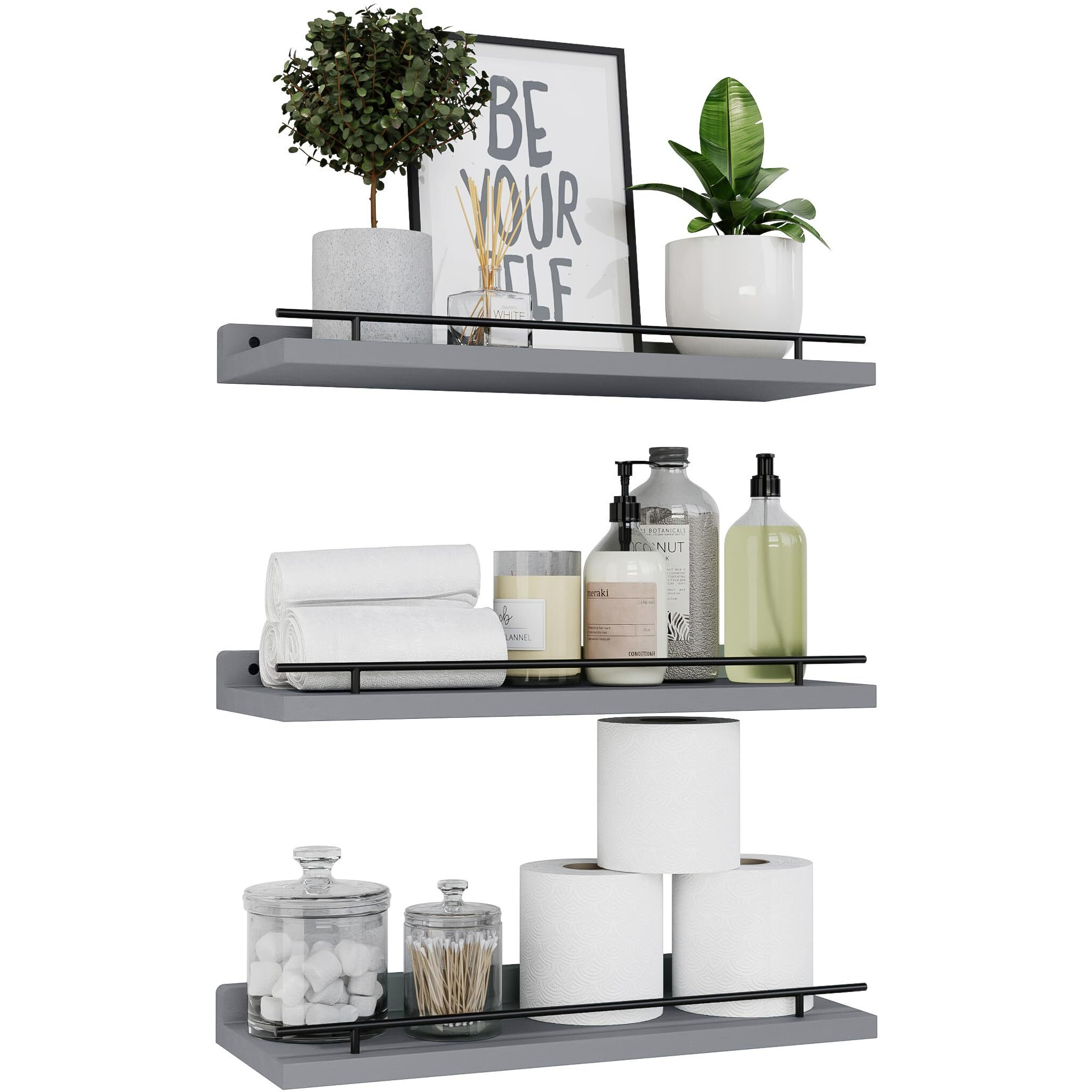 Wopitues Floating Shelves With Black Metal Guardrail  Shelves For Wall Decor Set Of 3  Wall Shelves For Bedroom  Bathroom  Kitchen  Living Room  Plants  Picture Frames  Art- Grey