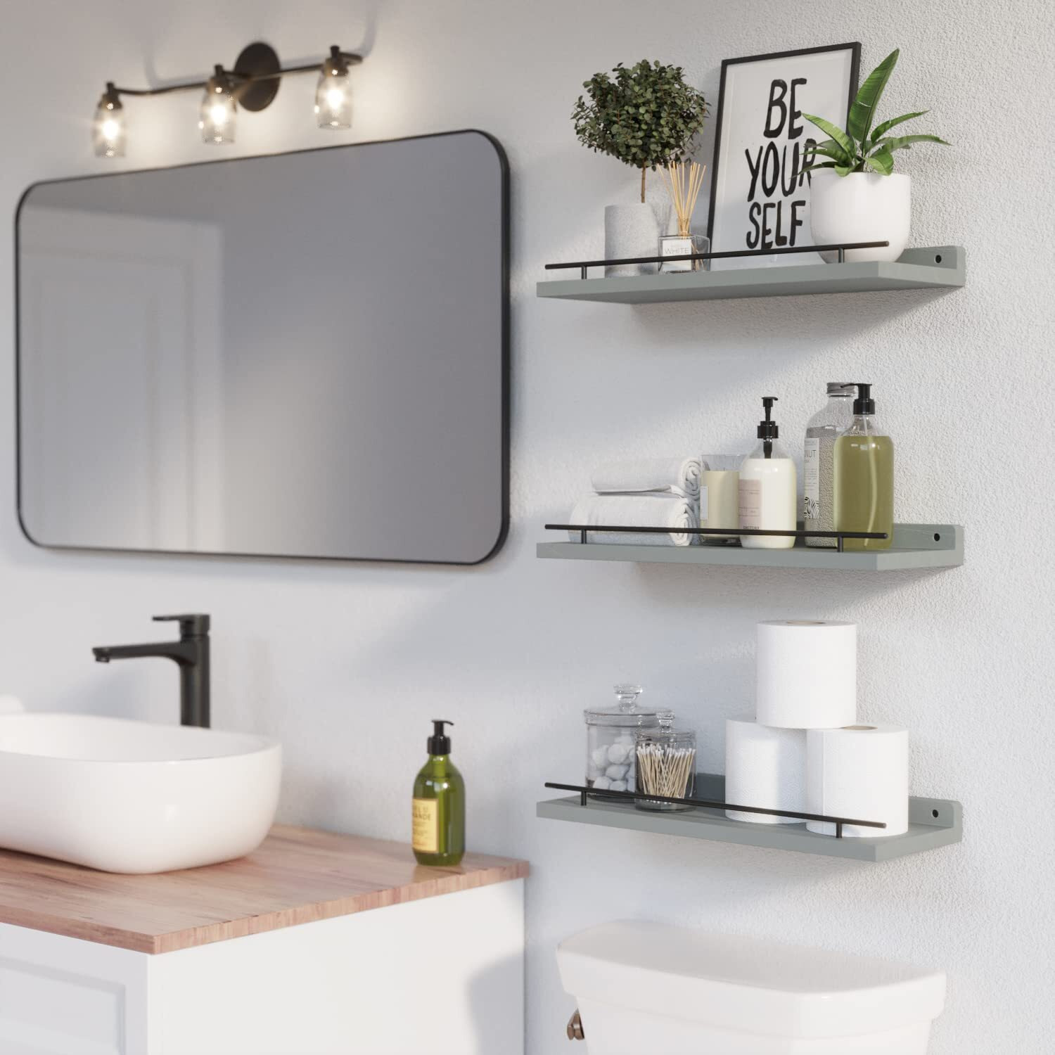 Wopitues Floating Shelves With Black Metal Guardrail  Shelves For Wall Decor Set Of 3  Wall Shelves For Bedroom  Bathroom  Kitchen  Living Room  Plants  Picture Frames  Art- Grey