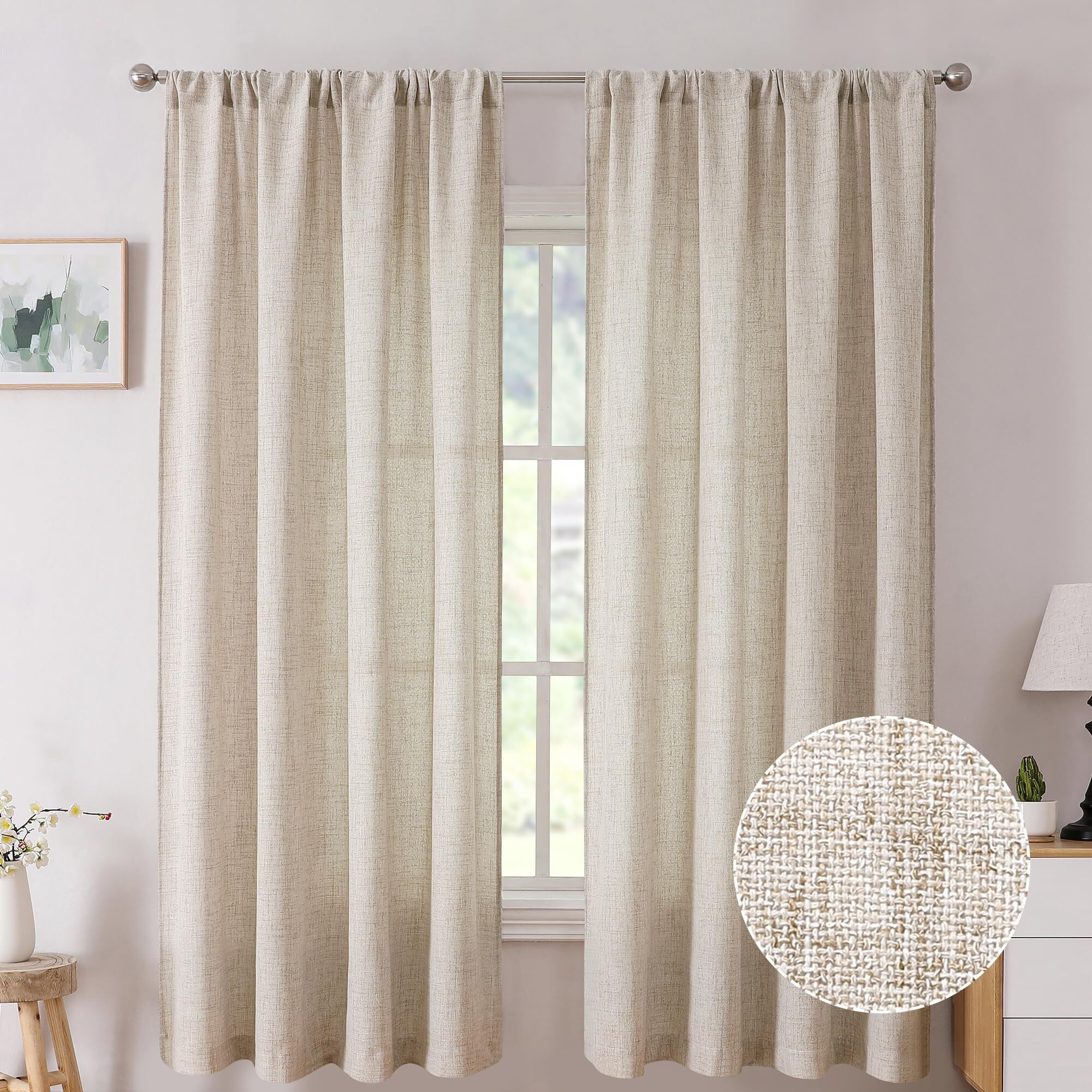Tollpiz Short Linen Curtain Bedroom Rod Pocket Semi Sheer Curtains Burlap Light Filtering Thick Linen Drape For Living Room  38 X 54 Inches Long  Natural  Set Of 2 Panels