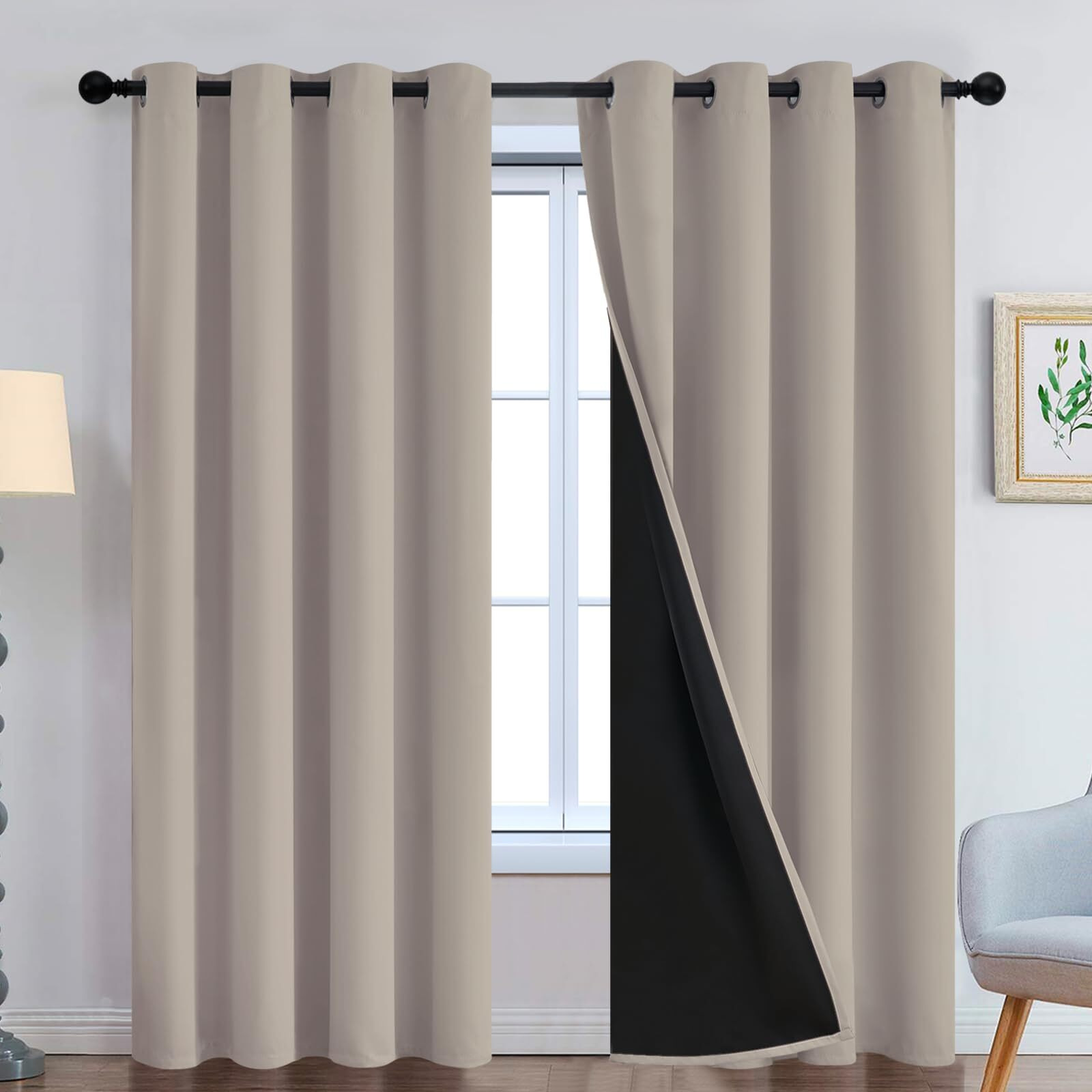 Yakamok 100% Blackout Curtains 96 Inches Long  2 Thick Layers Heat And Full Light Blocking Soft Thermal Insulated Drapes For Bedroom(52"" Wide Each Panel  Natural  2 Panels)