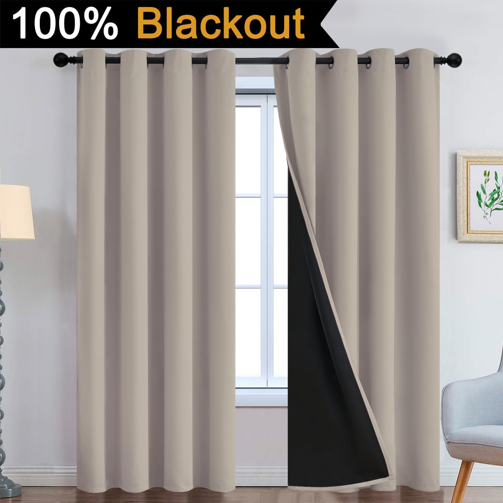 Yakamok 100% Blackout Curtains 96 Inches Long  2 Thick Layers Heat And Full Light Blocking Soft Thermal Insulated Drapes For Bedroom(52"" Wide Each Panel  Natural  2 Panels)