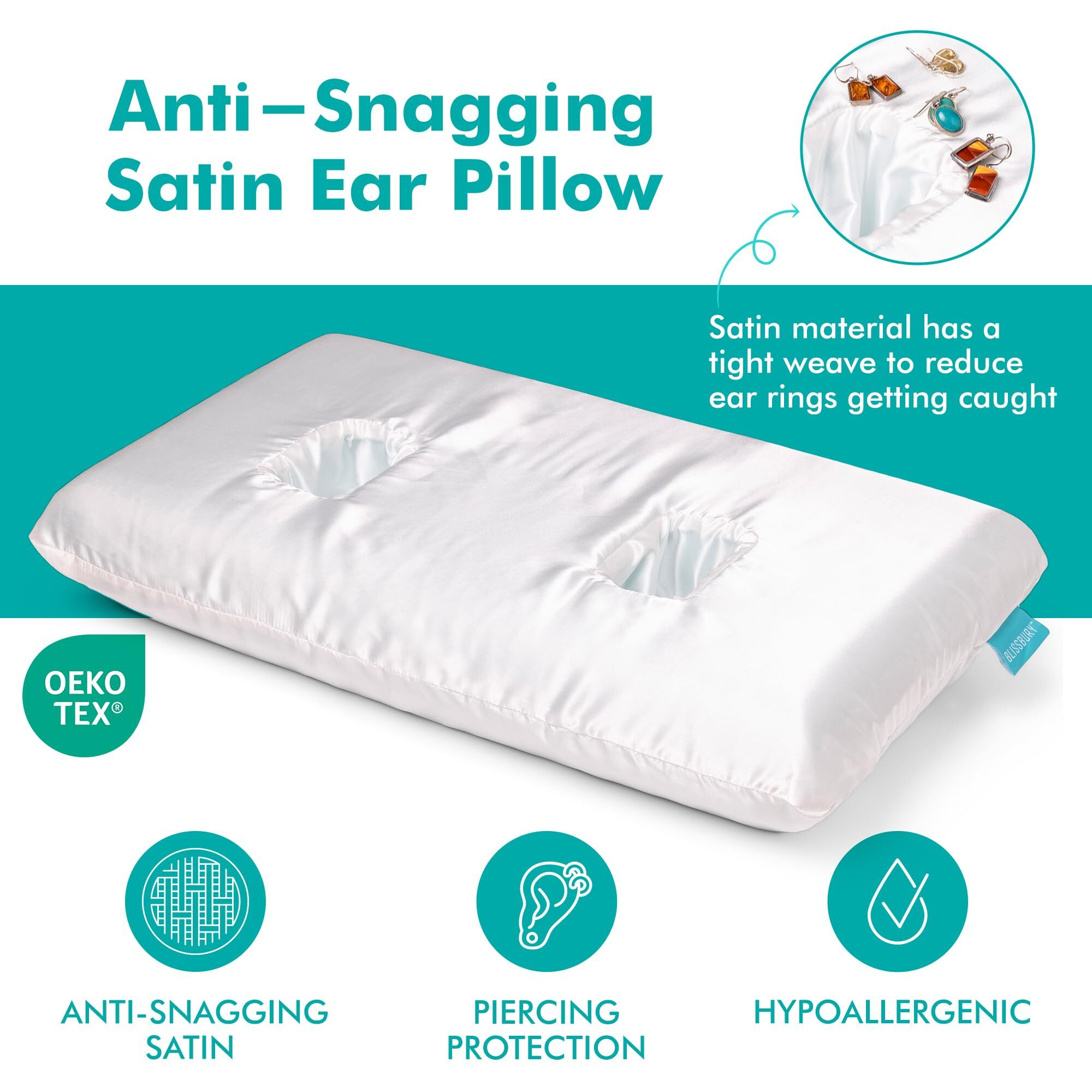 Blissbury Ear Pillow With Satin Case | Ear Piercing Pillow Design | 4"" To 5"" Adjustable Memory Foam Pillow | Ear Hole Pillow For Cnh Chondrodermatitis Relief  Ear Pain  And Ear Pillow For Piercing