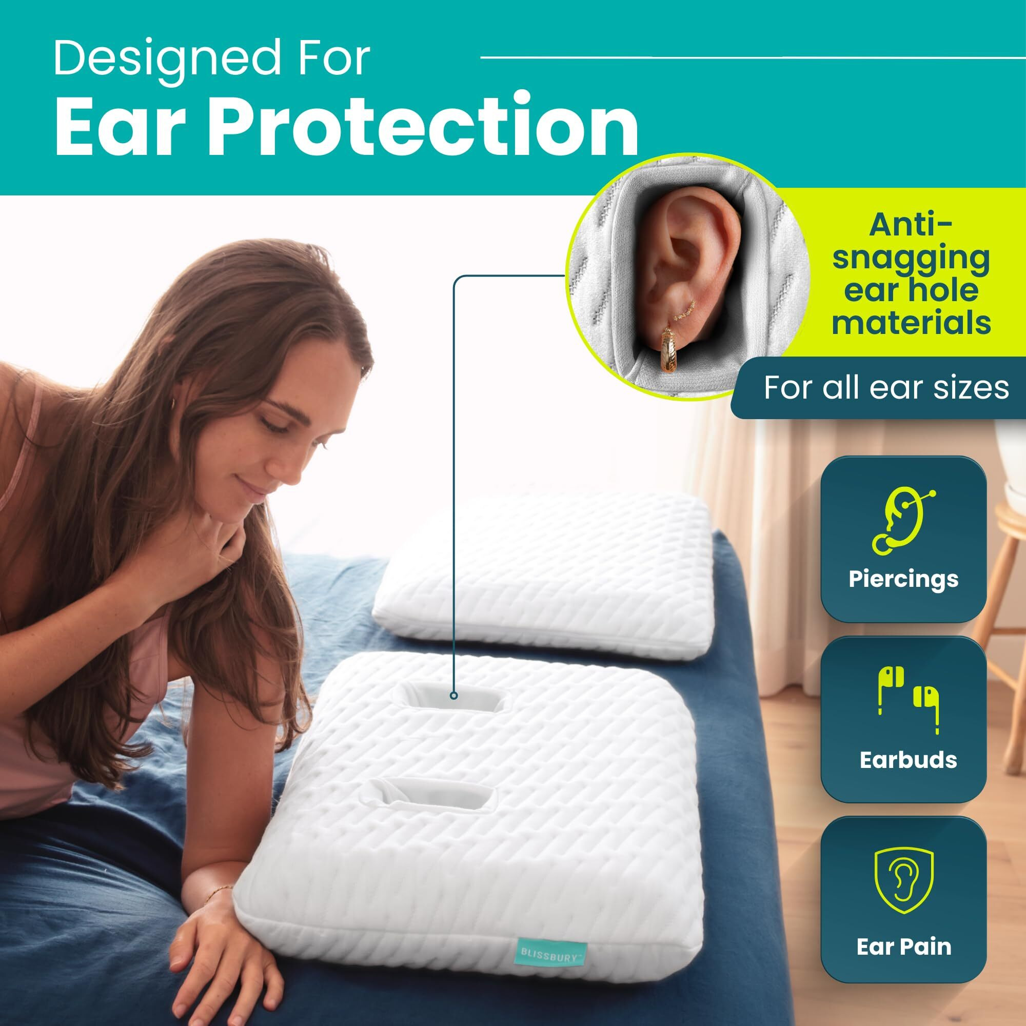 Blissbury Ear Pillow With Satin Case | Ear Piercing Pillow Design | 4"" To 5"" Adjustable Memory Foam Pillow | Ear Hole Pillow For Cnh Chondrodermatitis Relief  Ear Pain  And Ear Pillow For Piercing