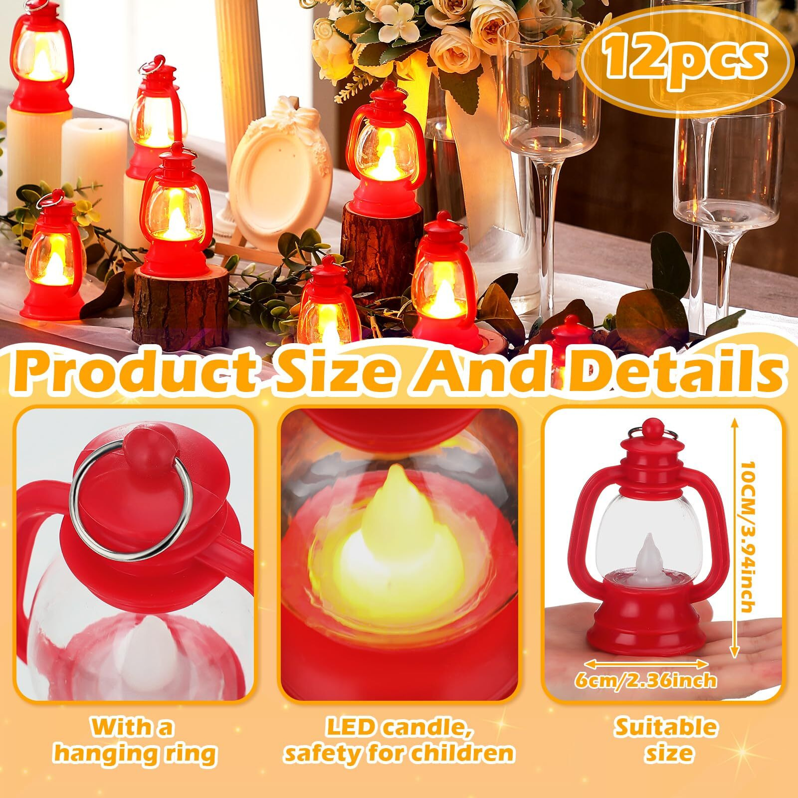 Ferraycle 12 Pcs Western Mini Lantern Decor 4 Inch Small Lantern Table Centerpiece Vintage Camping Hanging Lamp Ornaments Bulk For Halloween Christmas Cowboy Cowgirl Wedding Decorative (Red)