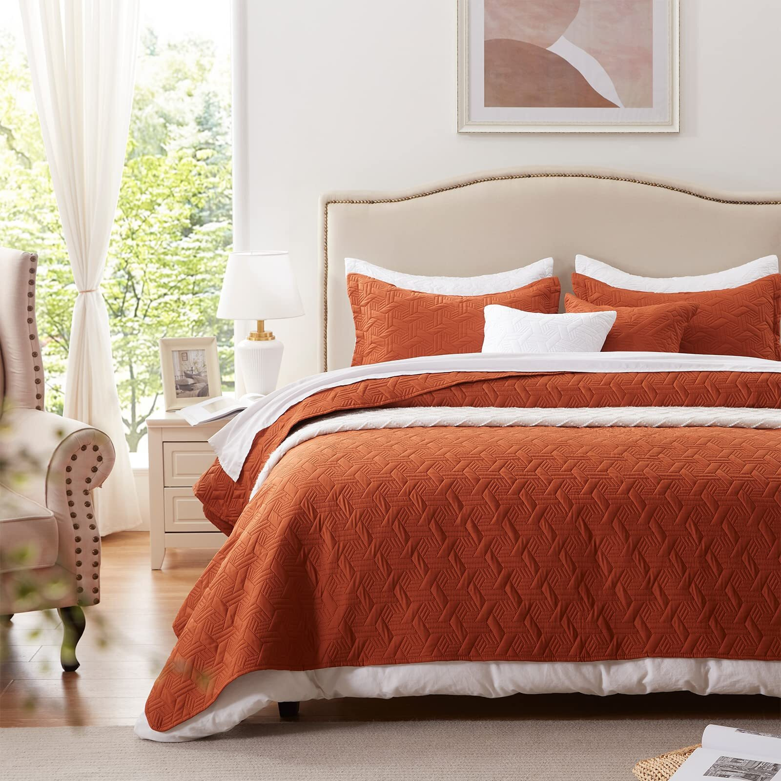 California King Size Quilt Set 3 Pieces Lightweight Burnt Orange/Rust Bedspread-118''X106'' Soft Microfiber Summer Quilt Luxurious Warm Coverlet Sets For All Seasons (Includes 1 Quilt  2 Shams)