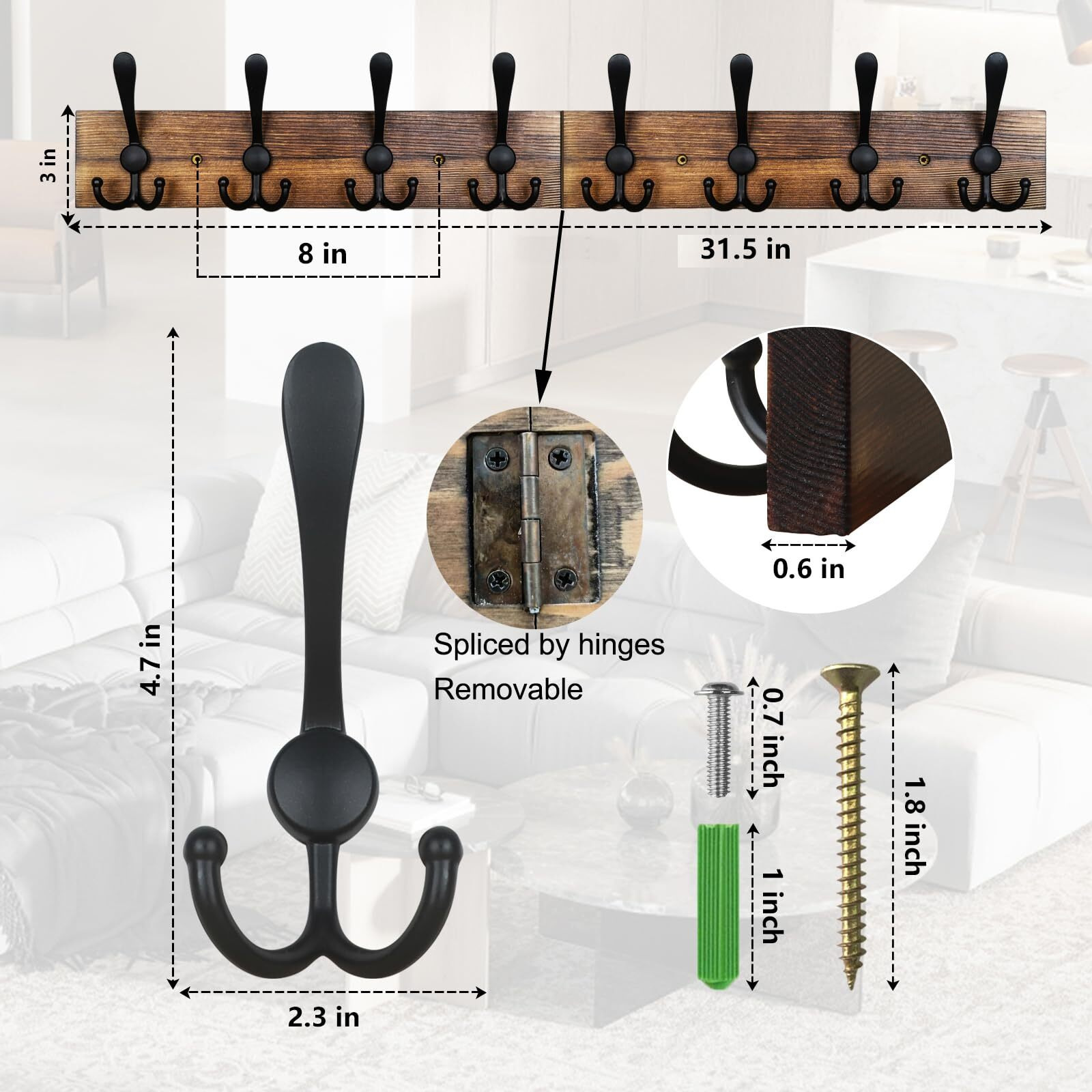 Homagic Coat Rack Wall Mount 31.5'' Coat Hanger Wall Mount Burnt Brown Coat Hooks For Wall Rustic Towel Racks For Bathroom Living Room Coat Hat Cloth