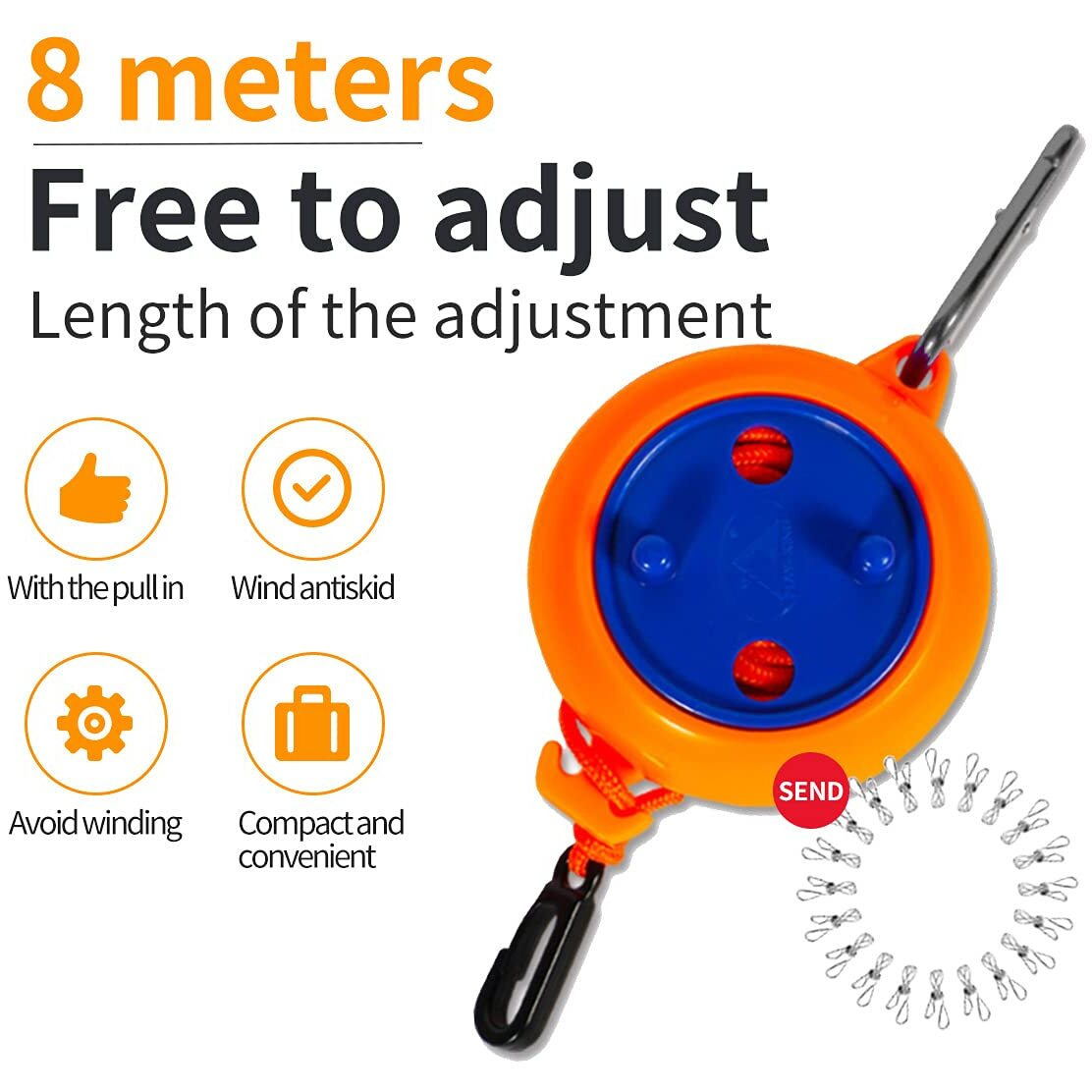 Portable Travel Clothesline Cord  Adjustable 26Ft Camping Clothes Line  Laundry Drying Rope For Hotel Trip Camping Backyard Outdoor/Indoor With 20Pcs Windproof Clothespins