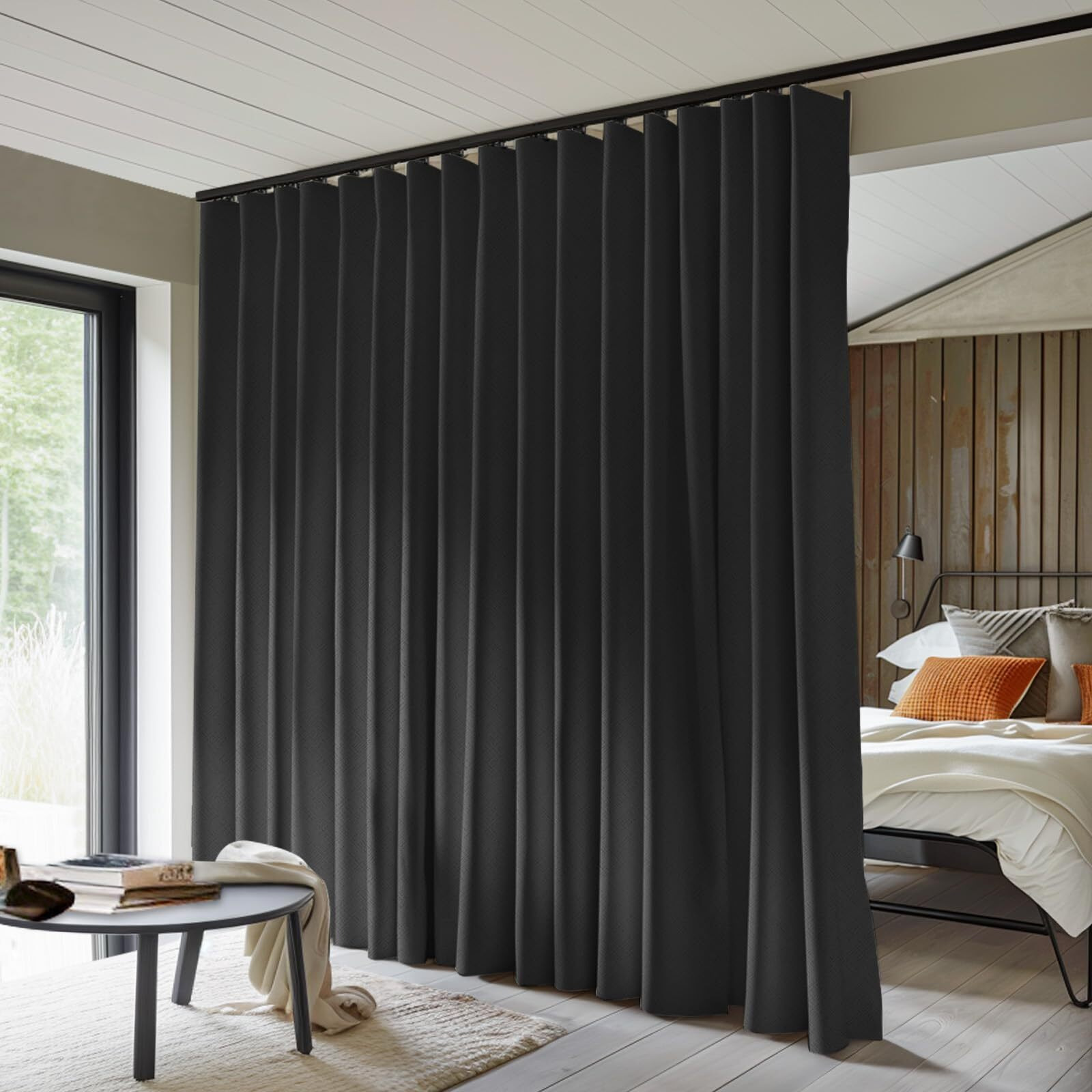 Makefeile Room Divider Curtains Total Blackout Privacy Curtain Panel Room Thermal Insulated Noise Reduction Curtain For Bedroom Window Living Room Ceiling Track Curtain W 15Ft  H 8Ft Black.
