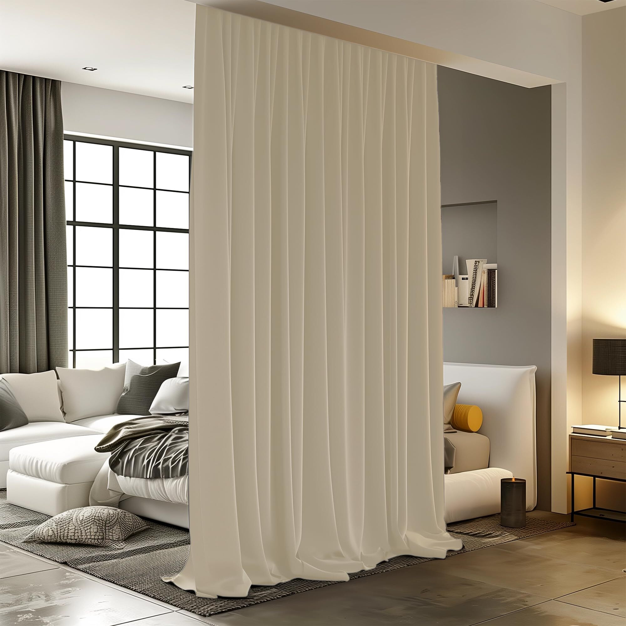 Room Divider Curtains For Ceiling Track Rod  Blackout Ceiling Track Curtains With Hooks Noise Reduction Privacy Curtain For Wall Ceiling Mount Track  8.3 Ft Wide X 9 Ft Tall  Cream Beige  1 Panel