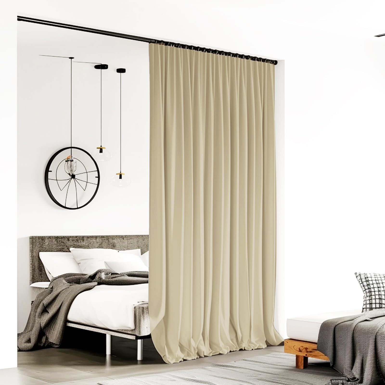 Room Divider Curtains For Ceiling Track Rod  Blackout Ceiling Track Curtains With Hooks Noise Reduction Privacy Curtain For Wall Ceiling Mount Track  8.3 Ft Wide X 9 Ft Tall  Cream Beige  1 Panel