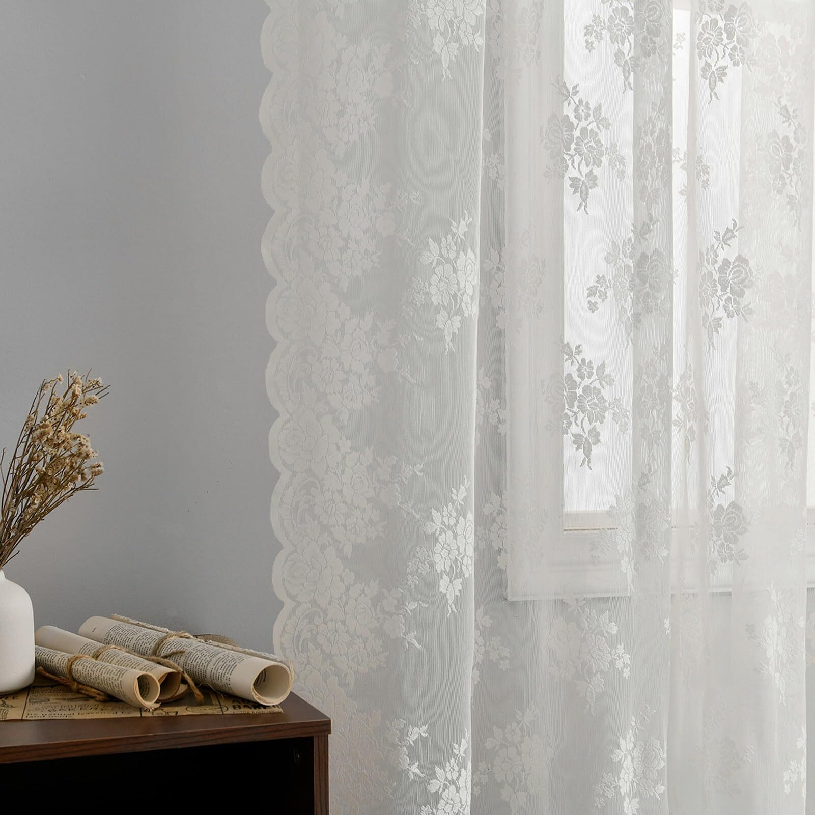 Kotile Short Lace Curtains 36 Inch Length 2 Panels Set  Country Rustic Floral Lace Kitchen Window Curtains Over Blinds  Rod Pocket Privacy Vintage Sheer Lace Caf Curtains  Each 52 X 36 Inch  Ivory