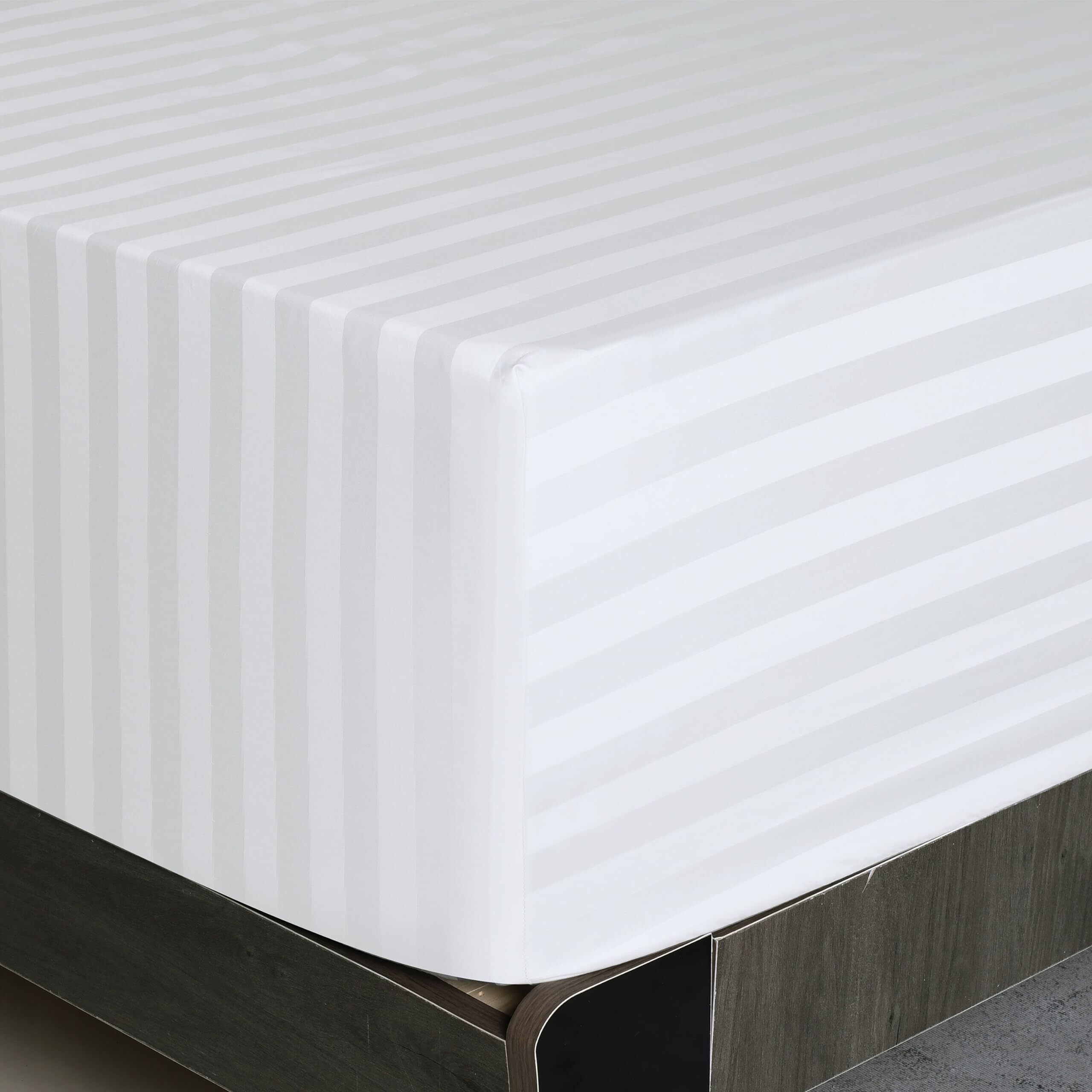 King Size Striped Fitted Sheet Only White Color  100% Egyptian Cotton 600 Thread Count  16"" Deep Pocket Premium Cotton Mattress Sheet (1 Bottom Sheet Only)