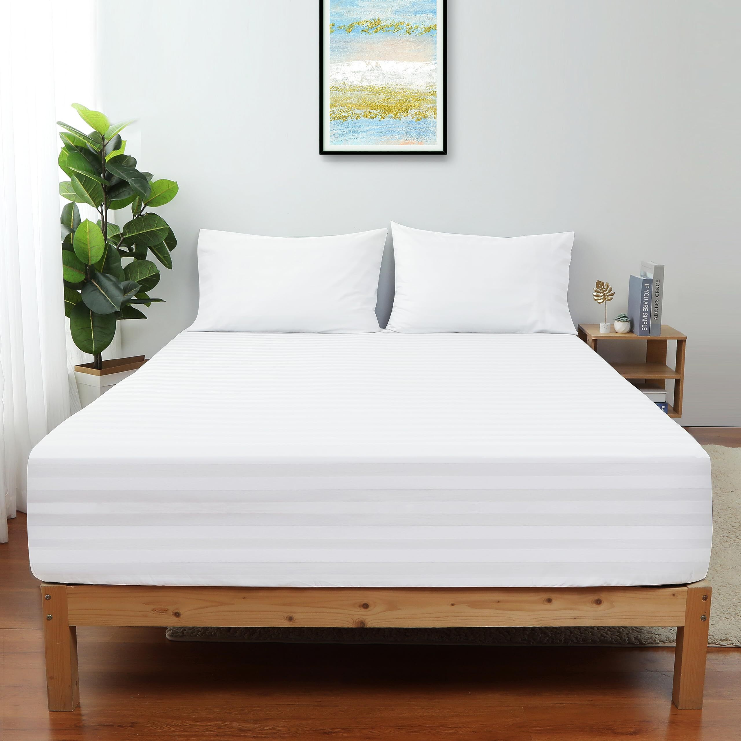 King Size Striped Fitted Sheet Only White Color  100% Egyptian Cotton 600 Thread Count  16"" Deep Pocket Premium Cotton Mattress Sheet (1 Bottom Sheet Only)
