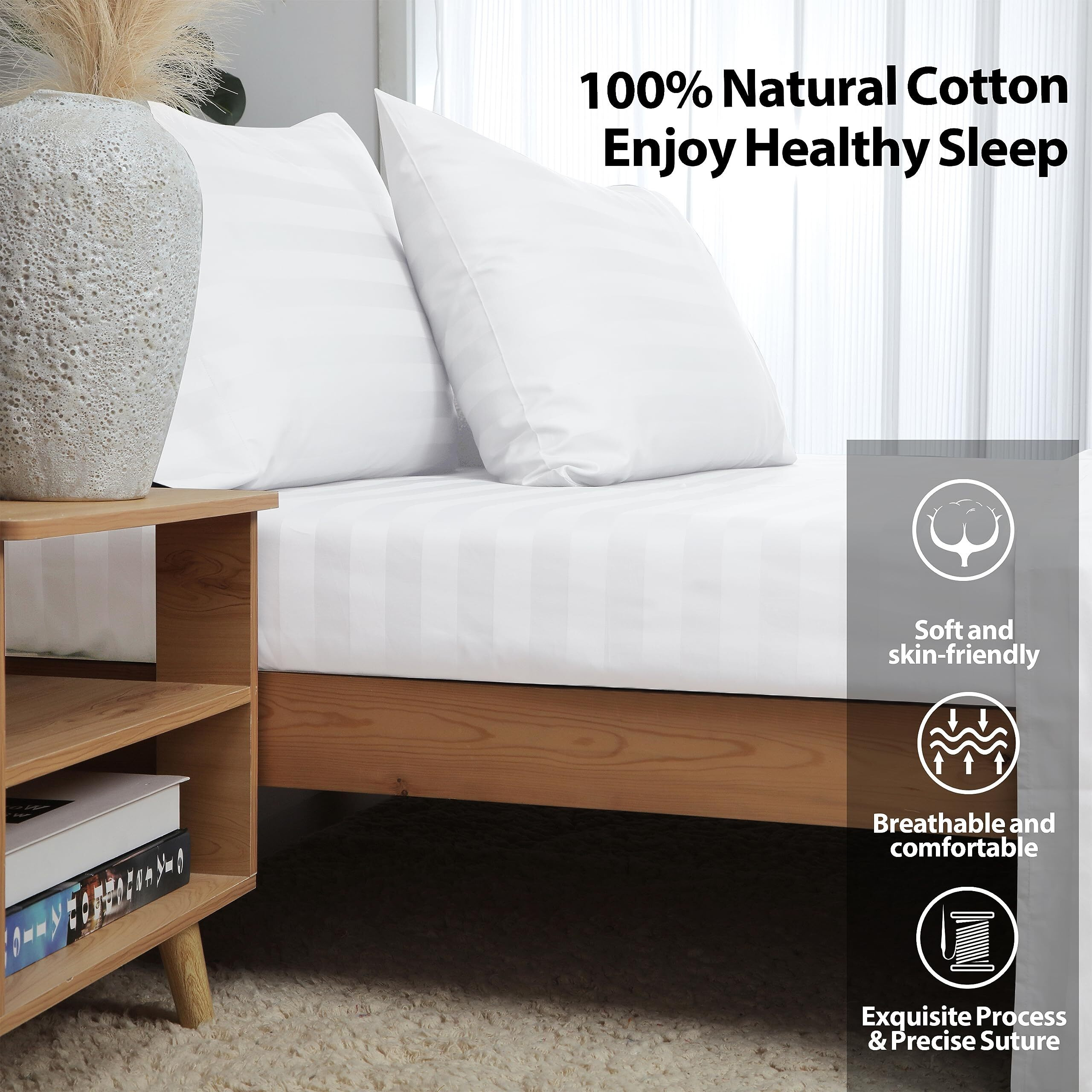 King Size Striped Fitted Sheet Only White Color  100% Egyptian Cotton 600 Thread Count  16"" Deep Pocket Premium Cotton Mattress Sheet (1 Bottom Sheet Only)