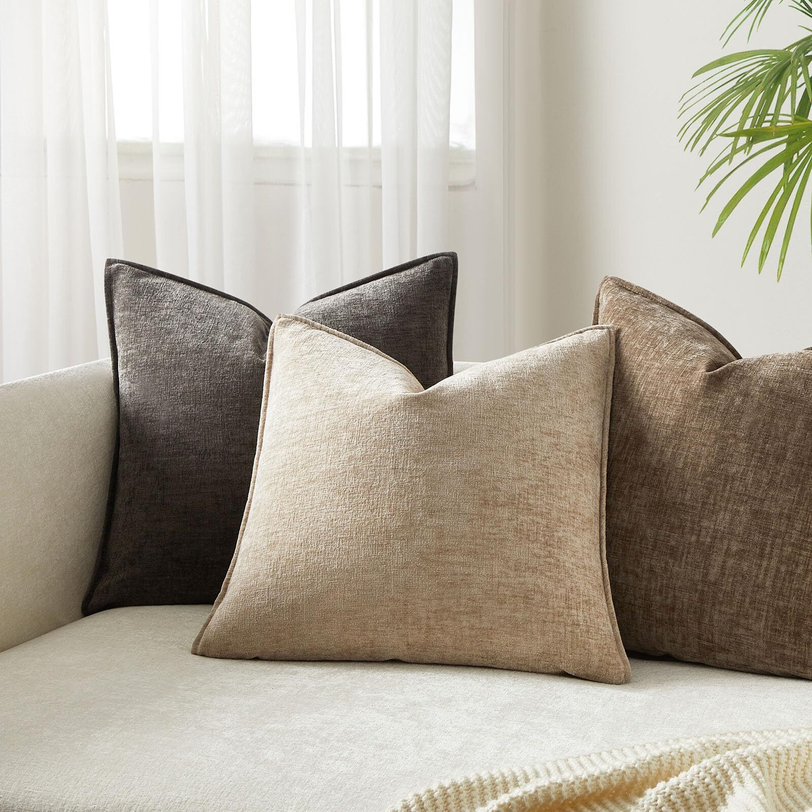 Juspurbet Set Of 2 Beige Chenille Throw Pillow Covers 20X20 Inch Soft Textured Decorative Cushion Cases For Couch Sofa Bed Solid Home Decor Pillowcases